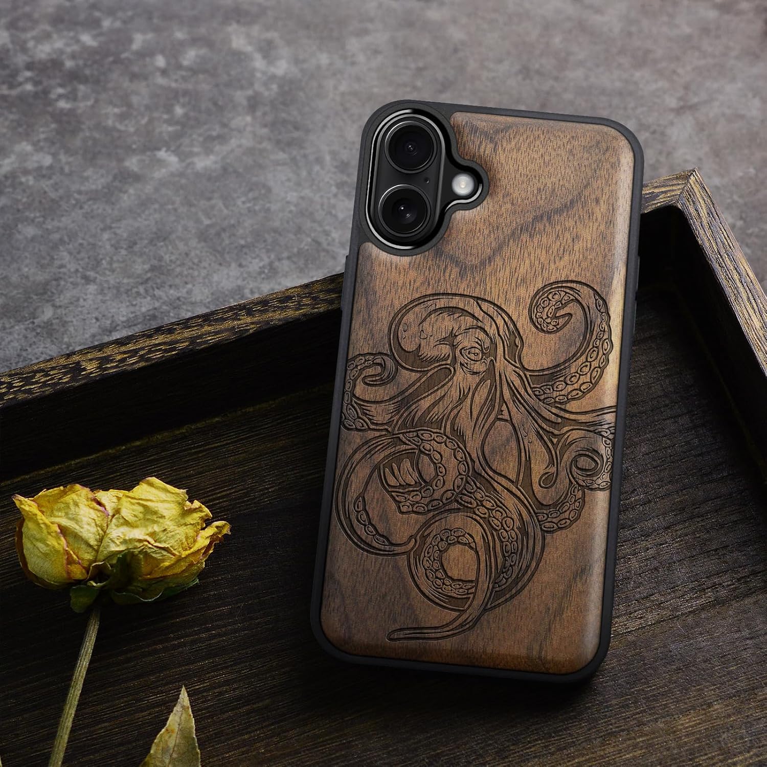 Carveit Magnetic Wooden Case for iPhone 16 Case, Wood Artisan Engraved & Black Soft TPU Shockproof Cover, Compatible with MagSafe Wireless Chargers (Octopus Drawing) Walnut