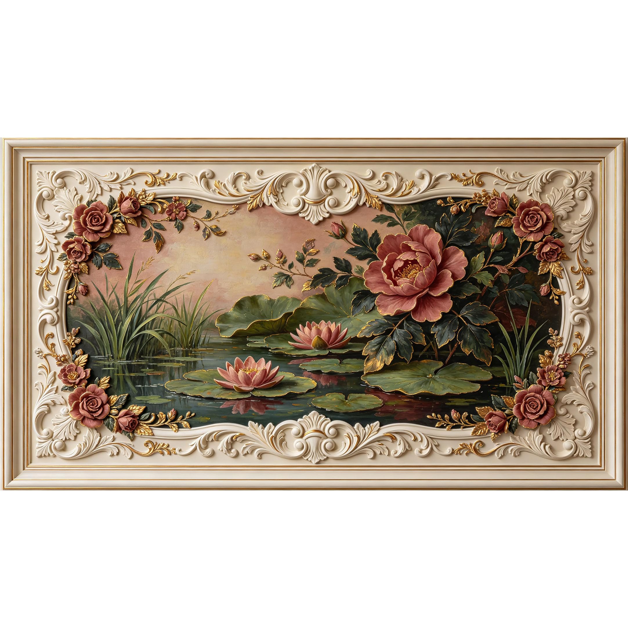 QZLITHOTIC 50×100cm 3D Framed Wall Art， Vintage Botanical Lotus and Peony Floral Pond Self?Adhesive Mural， Water?Activated Peel & Stick Fabric Decor Wall Decal for Bedroom Living Room