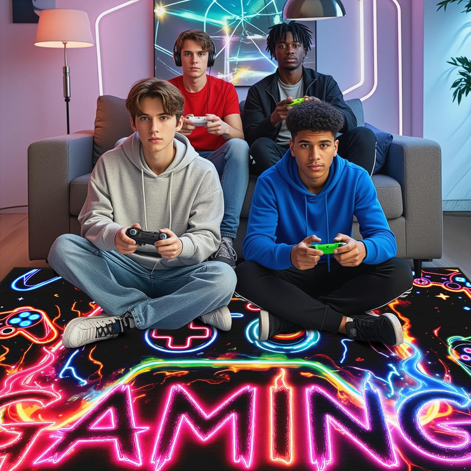 Gaming Area Rugs for Boys, Cool Colorful 3D Gamepad Gamer Rug for Teens Boys Bedroom, Gaming Room, Kids Playroom, Dorm, Blacklight Controller Gamer Room Rugs Large Game Player Floor Mat Carpet 47"×71"