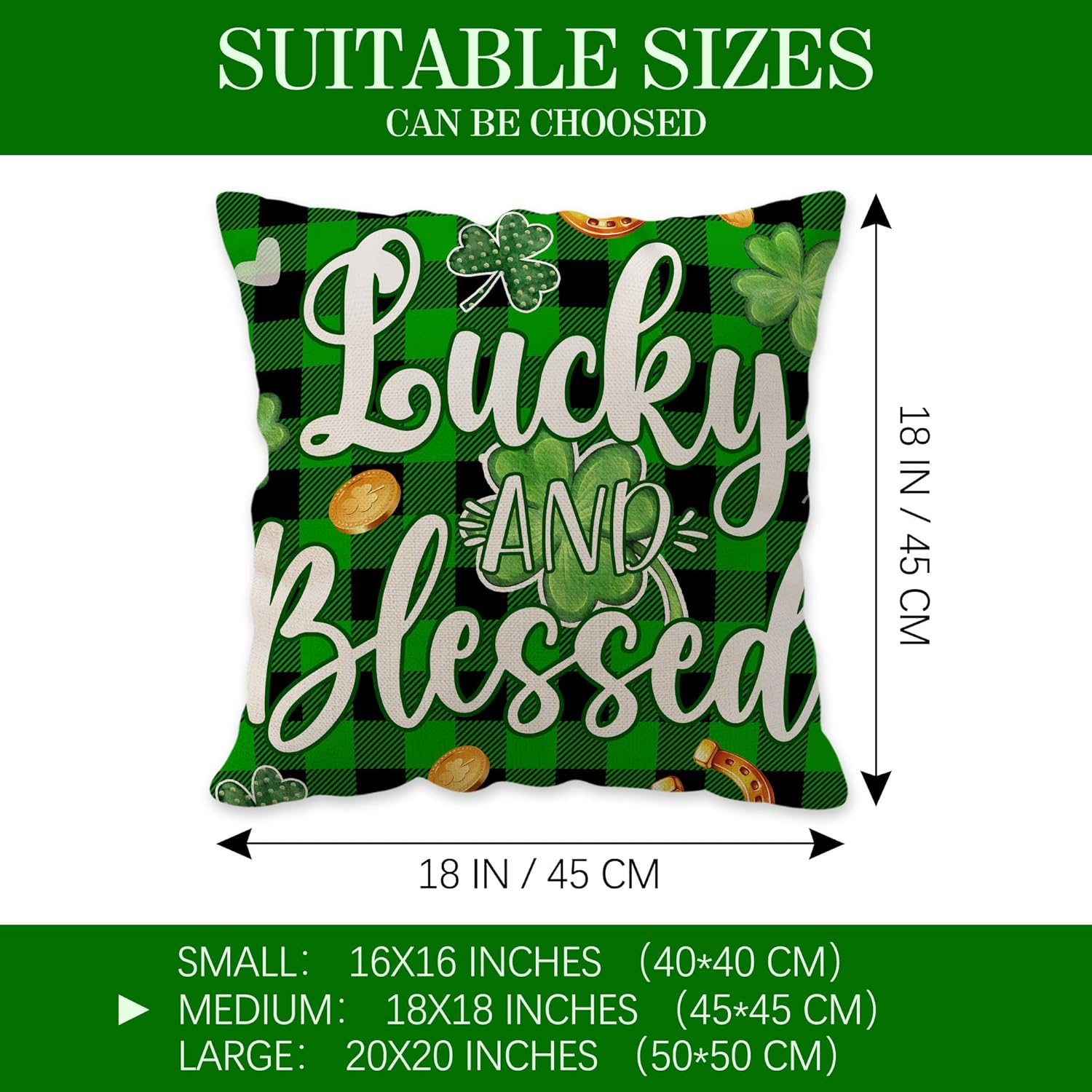 St Patricks Day Pillow Covers 18x18, Lucky Clover Throw Pillowcase, Green Luck Shamrock Home Decor Square Cushion Covers for Sofa Bed Couch Set of 4 - Image 2