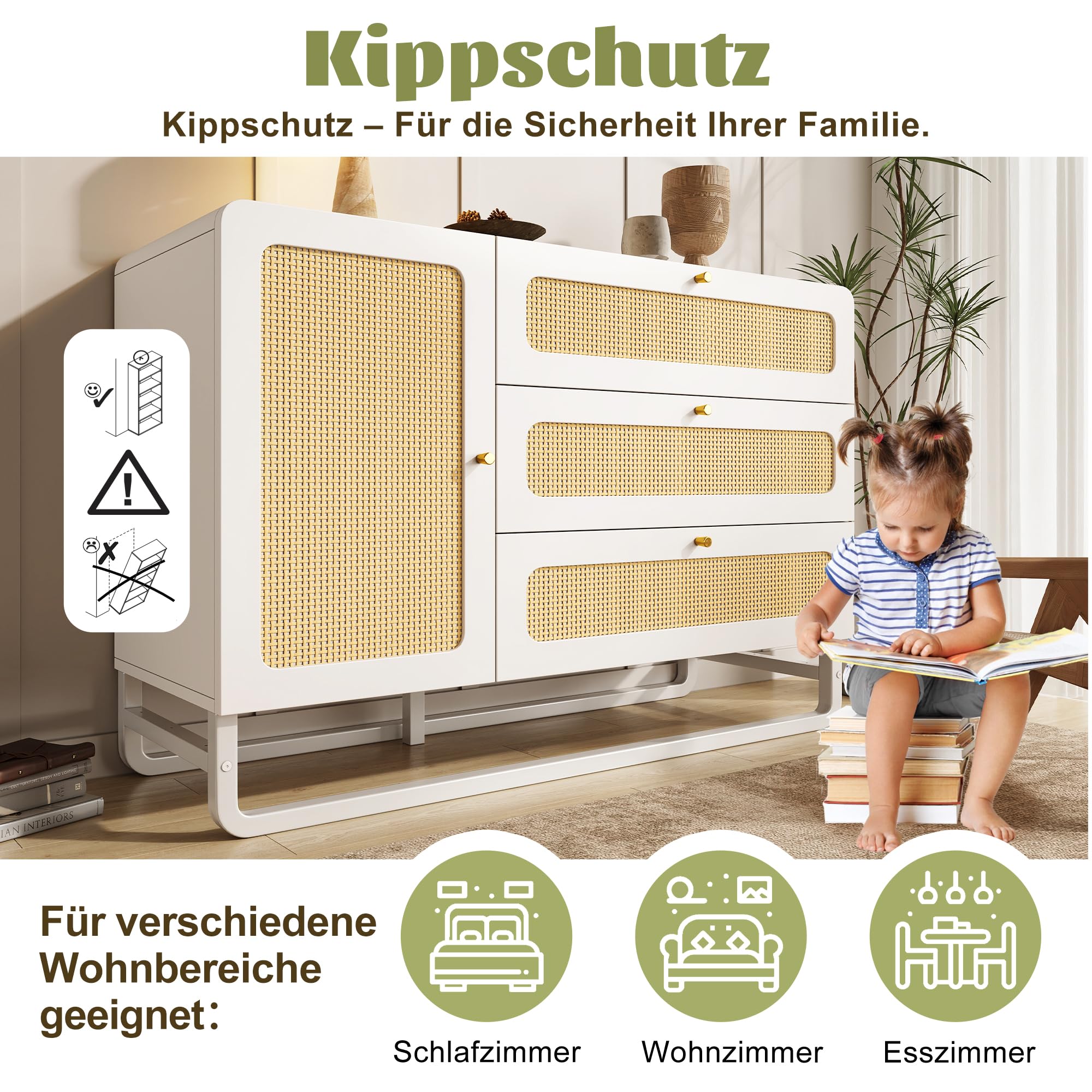 Merax Kommode Weiß mit 3 Schubladen und 1 Tür, Sideboard 120cm, Moderner Komodenschrank Schubladenschrank mit Rattan, Goldgriffen, Verstellbare Ablage, Metallbeinen, für Wohnzimmer, Schlafzimmer, Flur