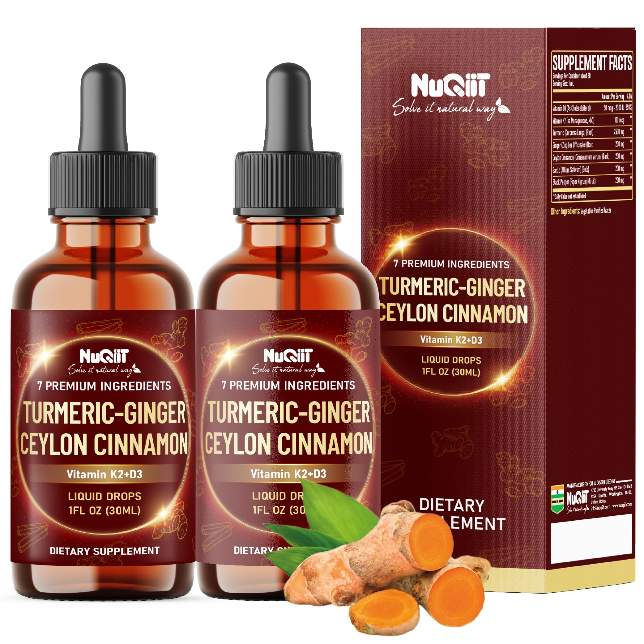 7in1 Liquid Turmeric Curcumin with Vitamin D3, Vitamin K2, Ginger, Ceylon Cinnamon, Garlic, Black Pepper - Drops Extract - 2 Packs of 30ml - 2 Month Supply