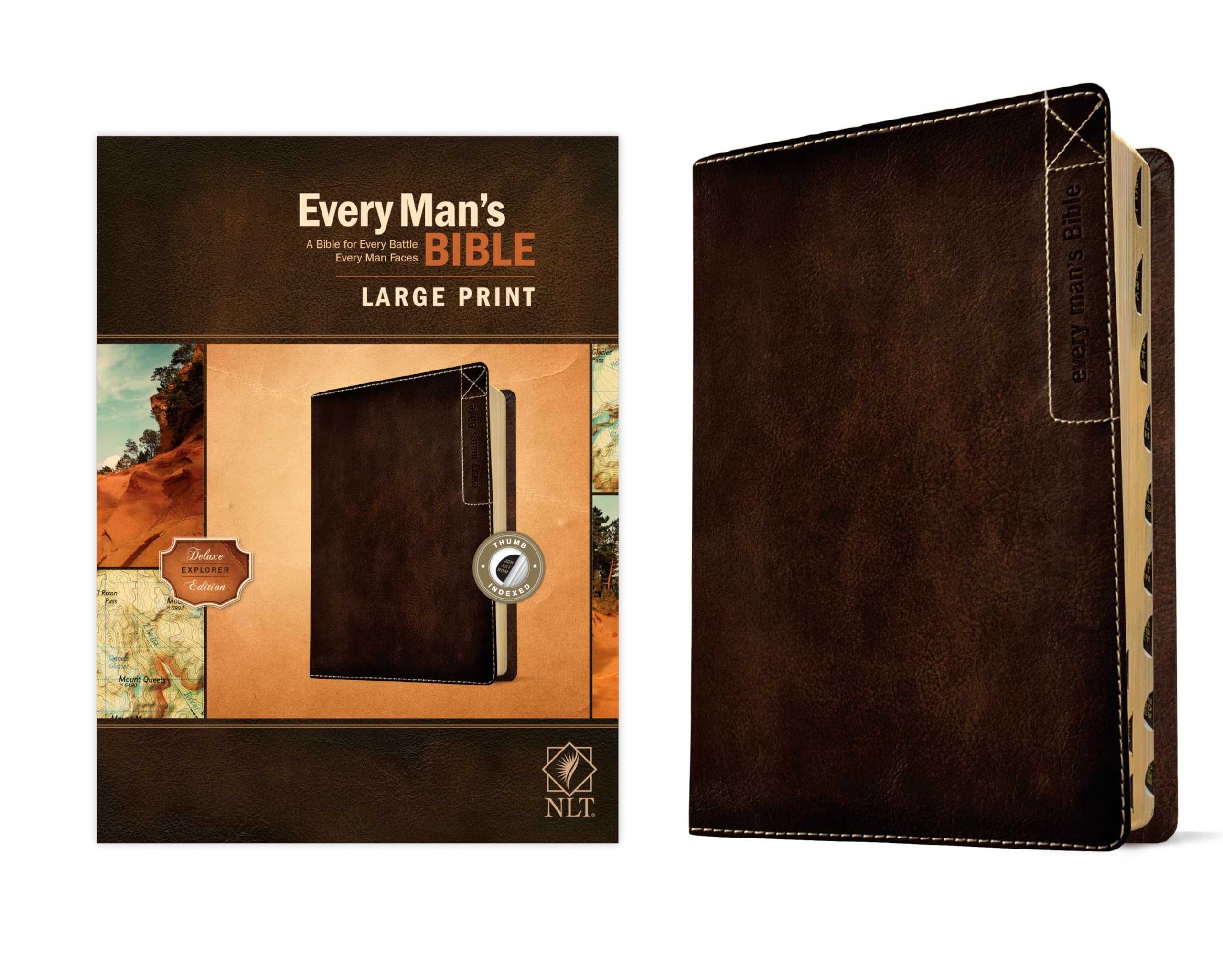 Every Man's Bible NLT, Large Print, Deluxe Explorer Edition (LeatherLike, Rustic Brown, Indexed)