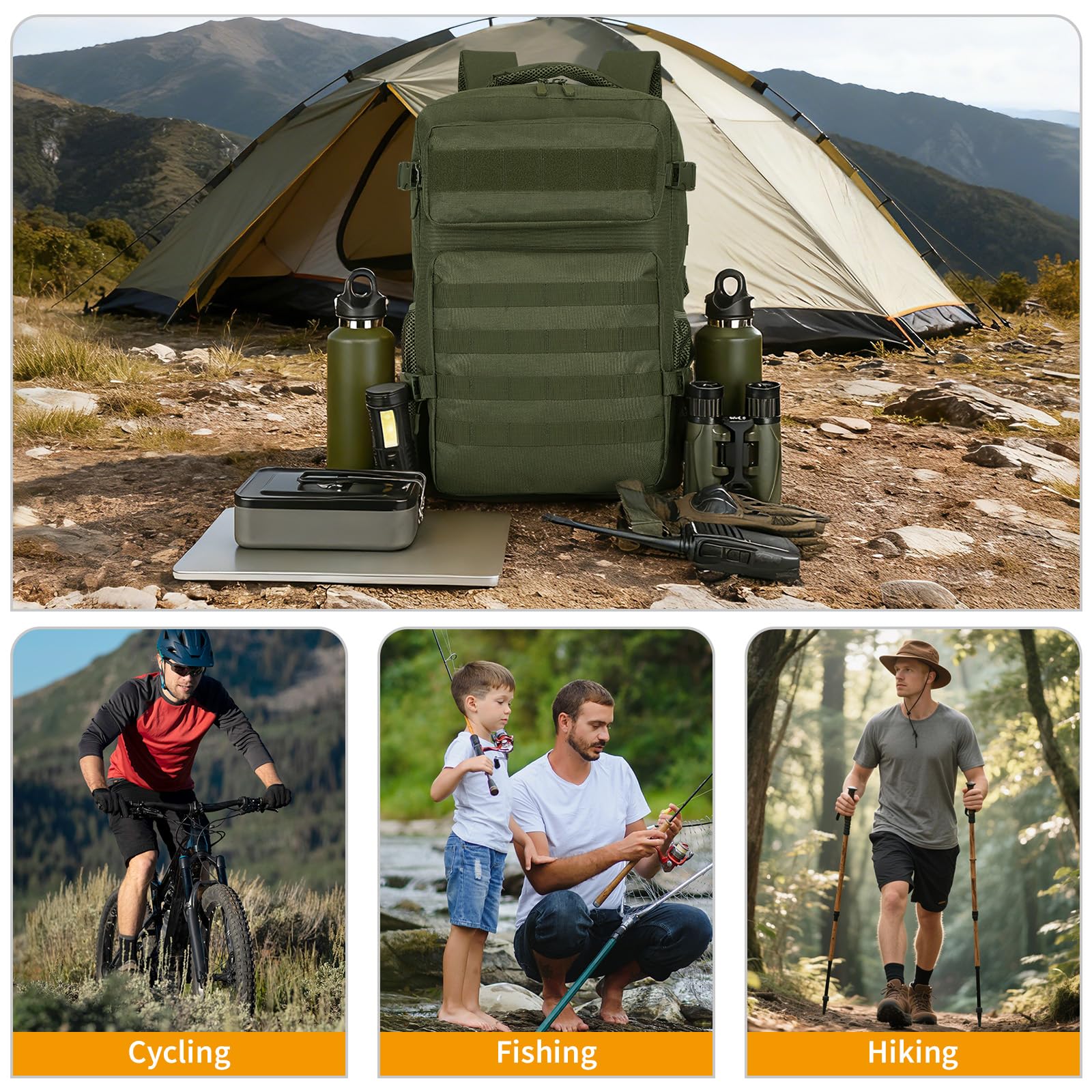 HUNTVP Sac a Dos Militaire, 30L Sacs à Dos de Randonnée Molle Tactique Sac D'assaut Armée pour Trekking, Voyage, Trekking, Camping, Escalade, En Plein Air (30L-Vert)