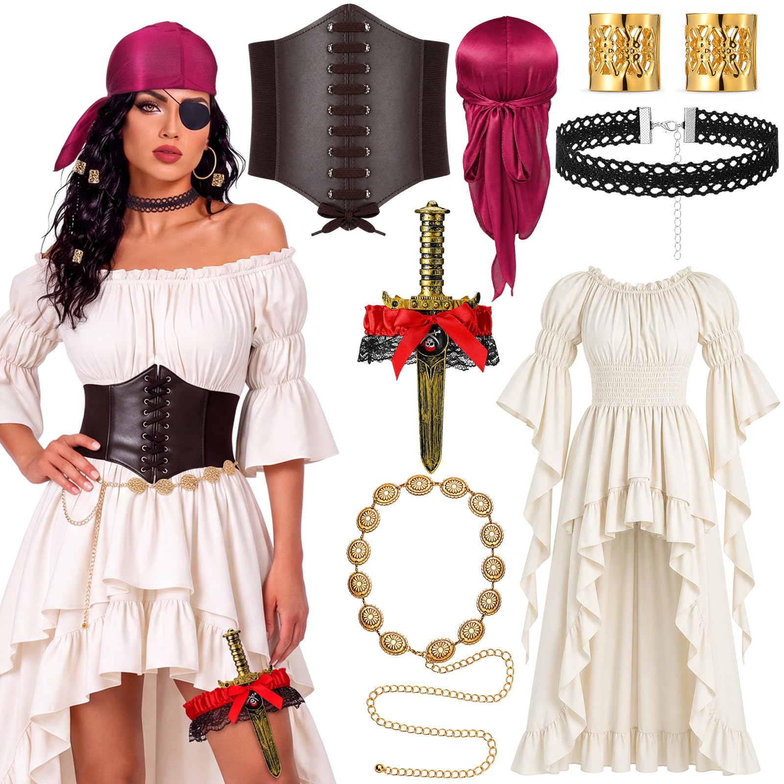 Twistover Halloween-Kostüm für Damen, Piratenkostüm, Zubehör, Kleid, Korsett, Kopftuch, Gürtel, Choker, Spitze, Strumpfband für Piratenkapitän, Verkleiden