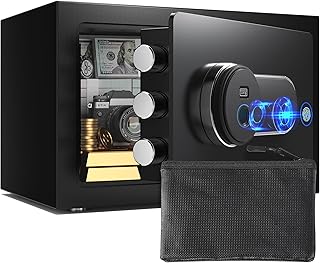 Safe Box with Fireproof Waterproof Bag, 0.5 Cub Small Home Safety Box with Key, Biometric Fireproof Personal Safes, Fingerprint Money Safe for Home Hotel Bedroom, Fingerprint Unlock