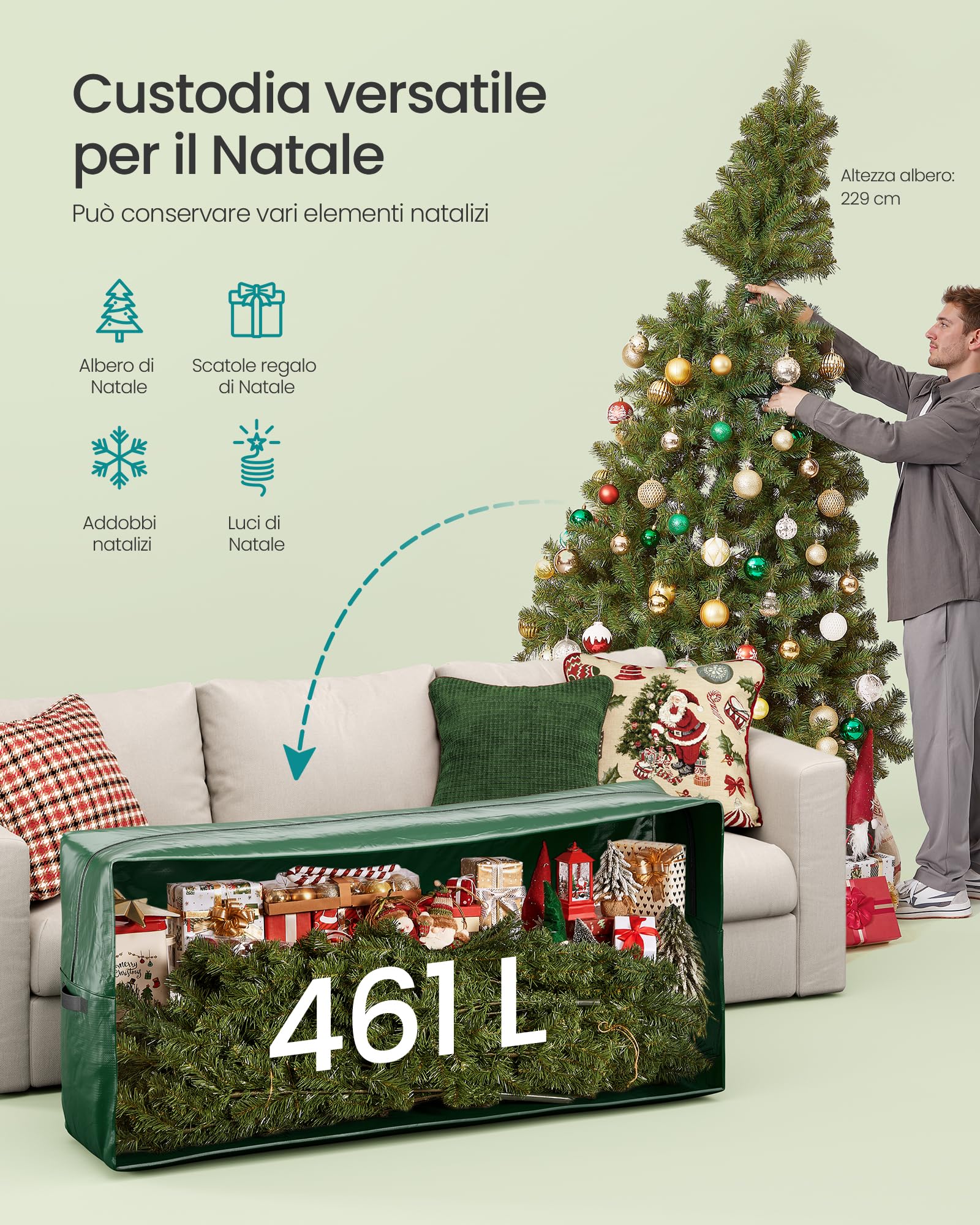 SONGMICS Borsa per Albero di Natale, Custodia per Albero Smontabile fino a 274 cm, Cuciture Interne Rinforzate, Maniglie Lunghe, con Cerniera, PE, Verde RXS006C01