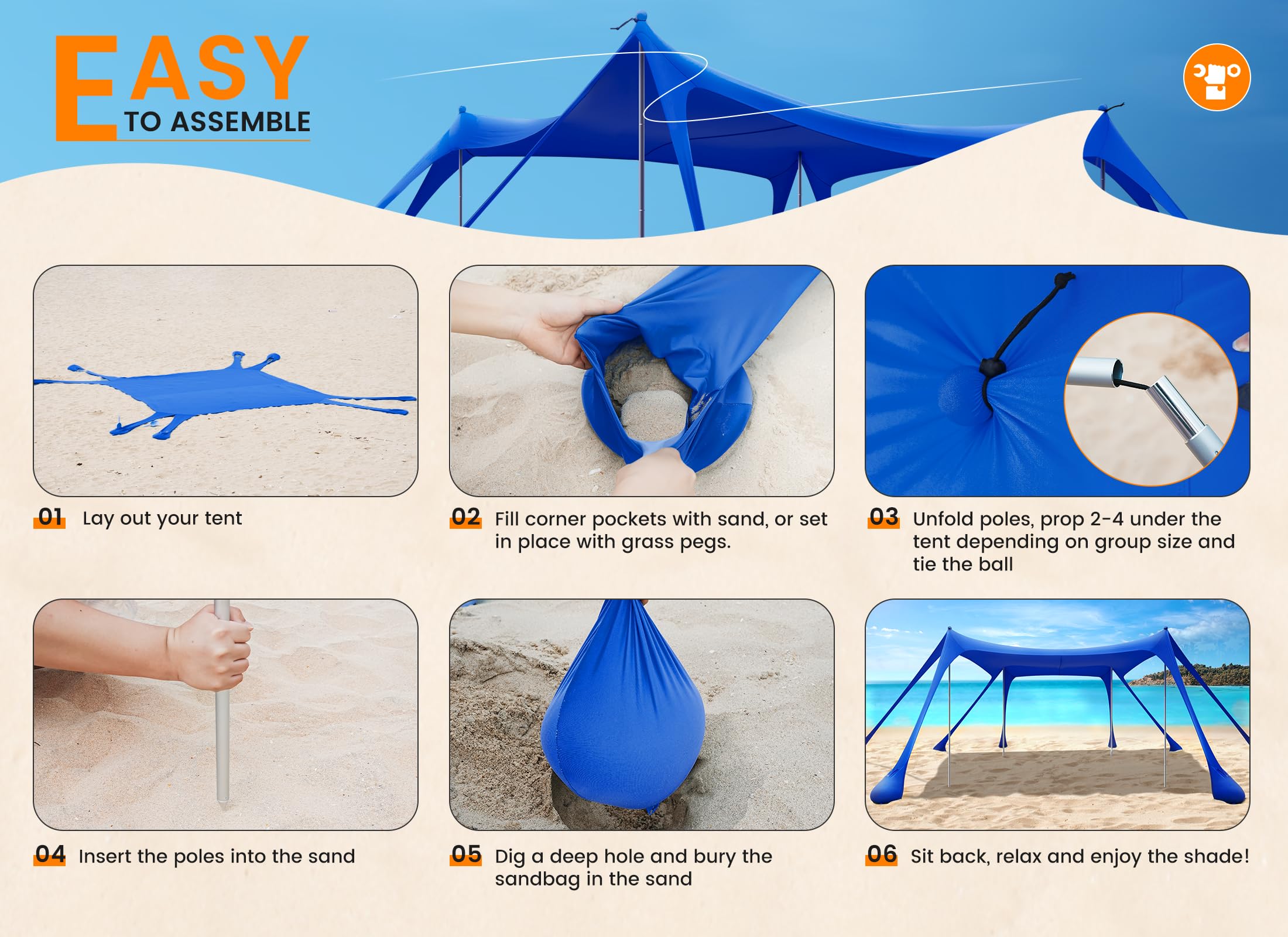 Tenda da Spiaggia Portatile Tents, Grande Tenda Mare Spiaggia UPF50+ Tenda Della Spiaggia di con 4 Pali, Pala, Picchetti e Borsa per il Trasporto per Campeggio, Pesca, 3x 3x 2M