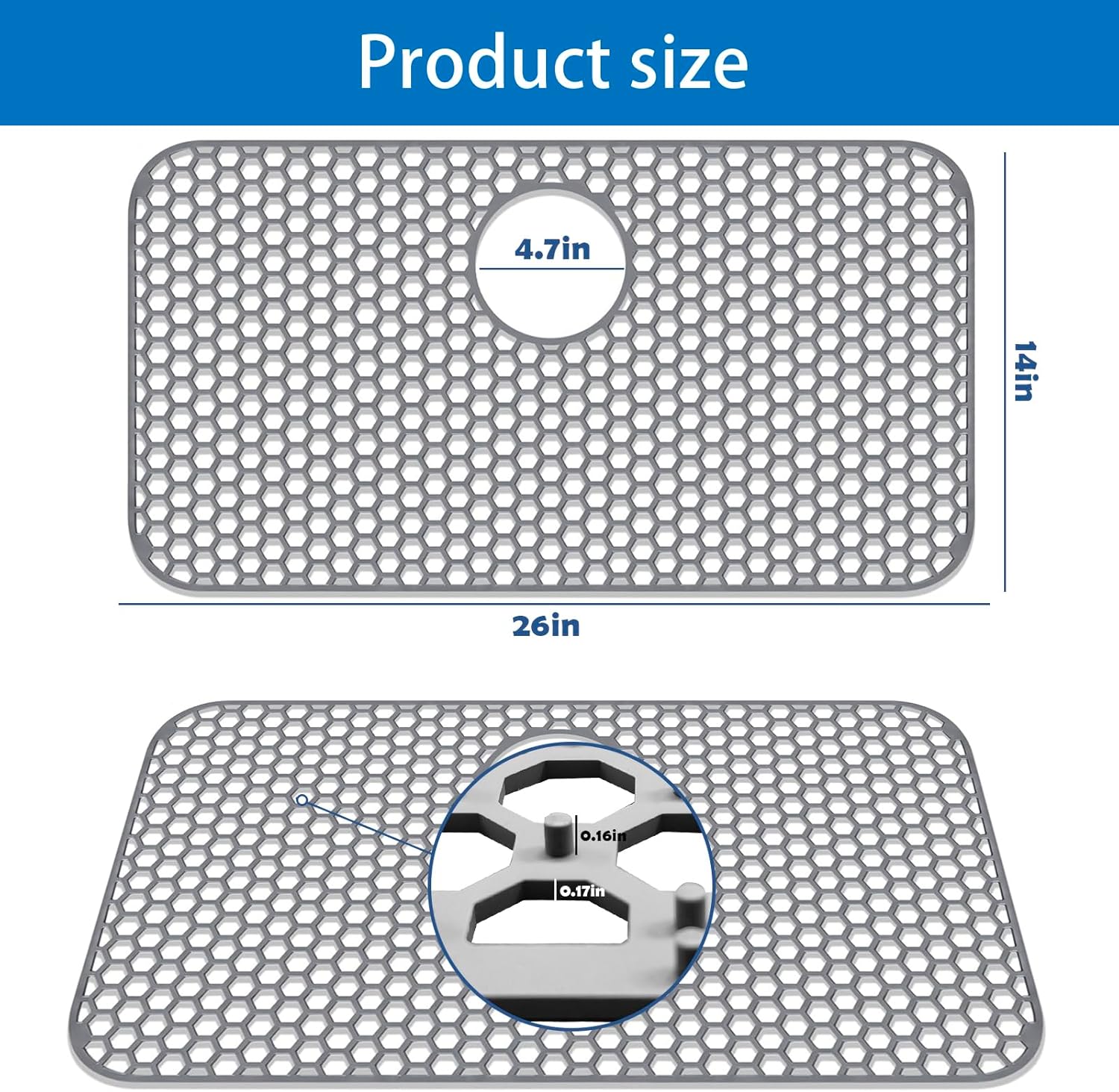Silicone sink protection pad, suitable for kitchen sink and rear drain -26 inch x 14 inch protective accessories, anti slip and heat-resistant mesh pad, protecting stainless steel sink accessories