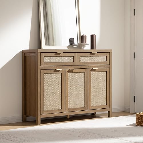Miniatura 8 de SICOTAS Aparador de ratán con almacenamiento, armario bohemio de credenza con 3 puertas y 2 cajones, consola de granja cafetería para cocina, sala