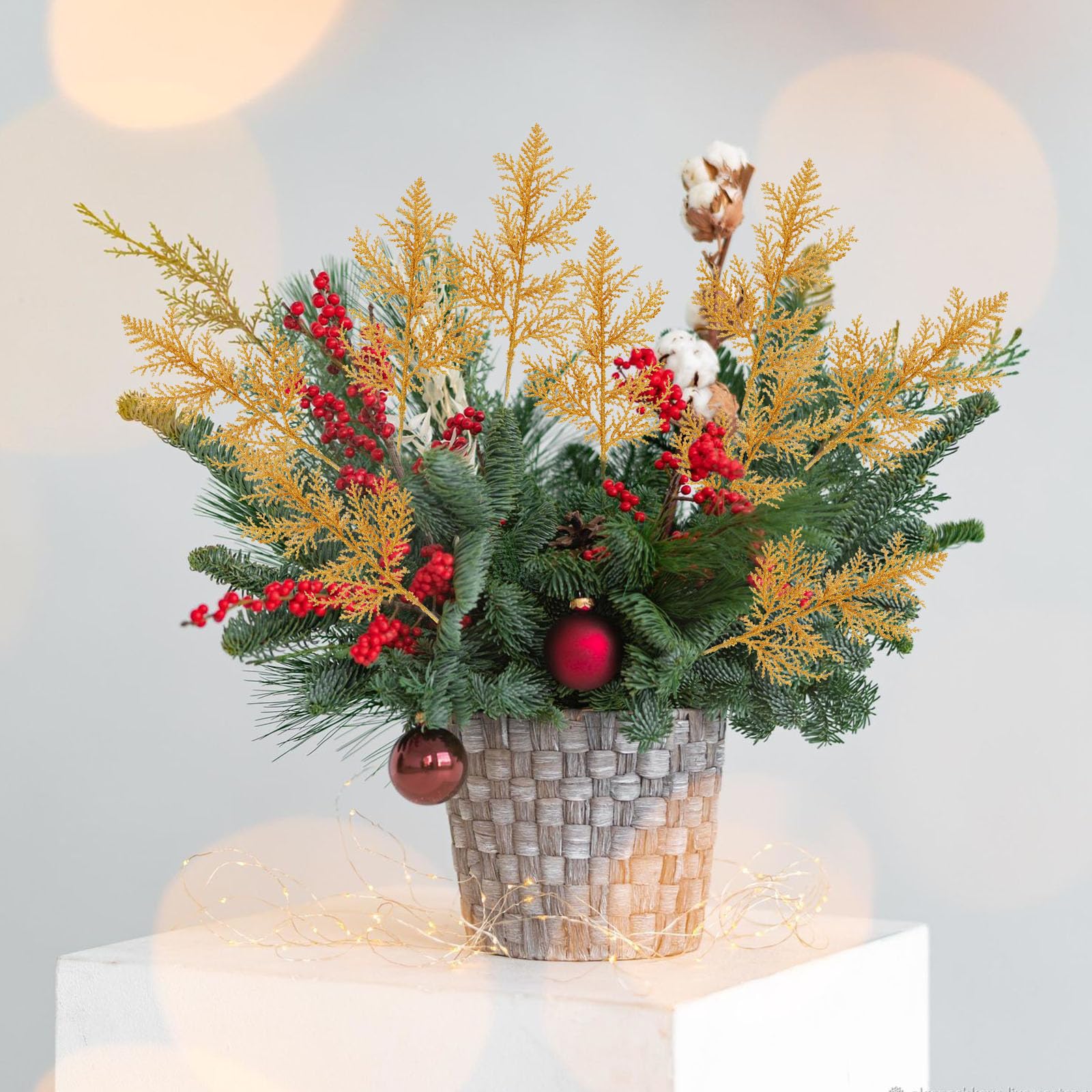 50 Branches De Pin Artificielles à Paillettes Dorées - 35,6 Cm - Décoration Noël, Mariage, Couronnes, DIY