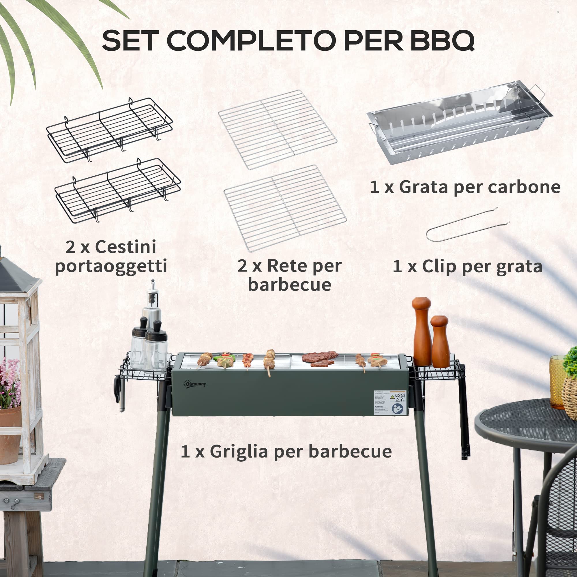 Outsunny Barbecue a Carbonella, BBQ Portatile, 94x39x70cm, Verde Scuro | 2 Griglie in Acciaio, a Carbone, Cestini Laterali, Gambe Rimovibili