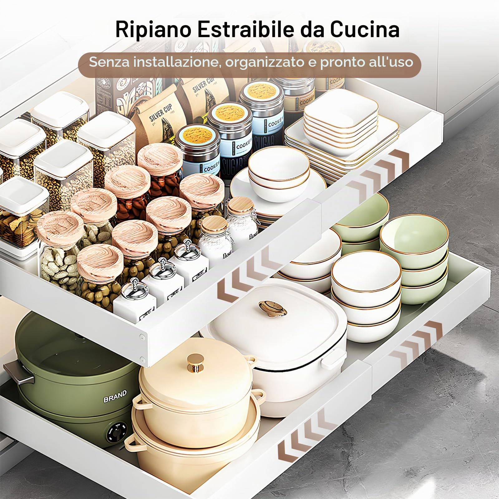 Dokeno 2 cassetti telescopici con colla, organizer per cabinet estraibile, larghezza regolabile (32-52 cm), cassetti per mobili da cucina, organizer per armadio espandibile per cucina, bagno (bianco)