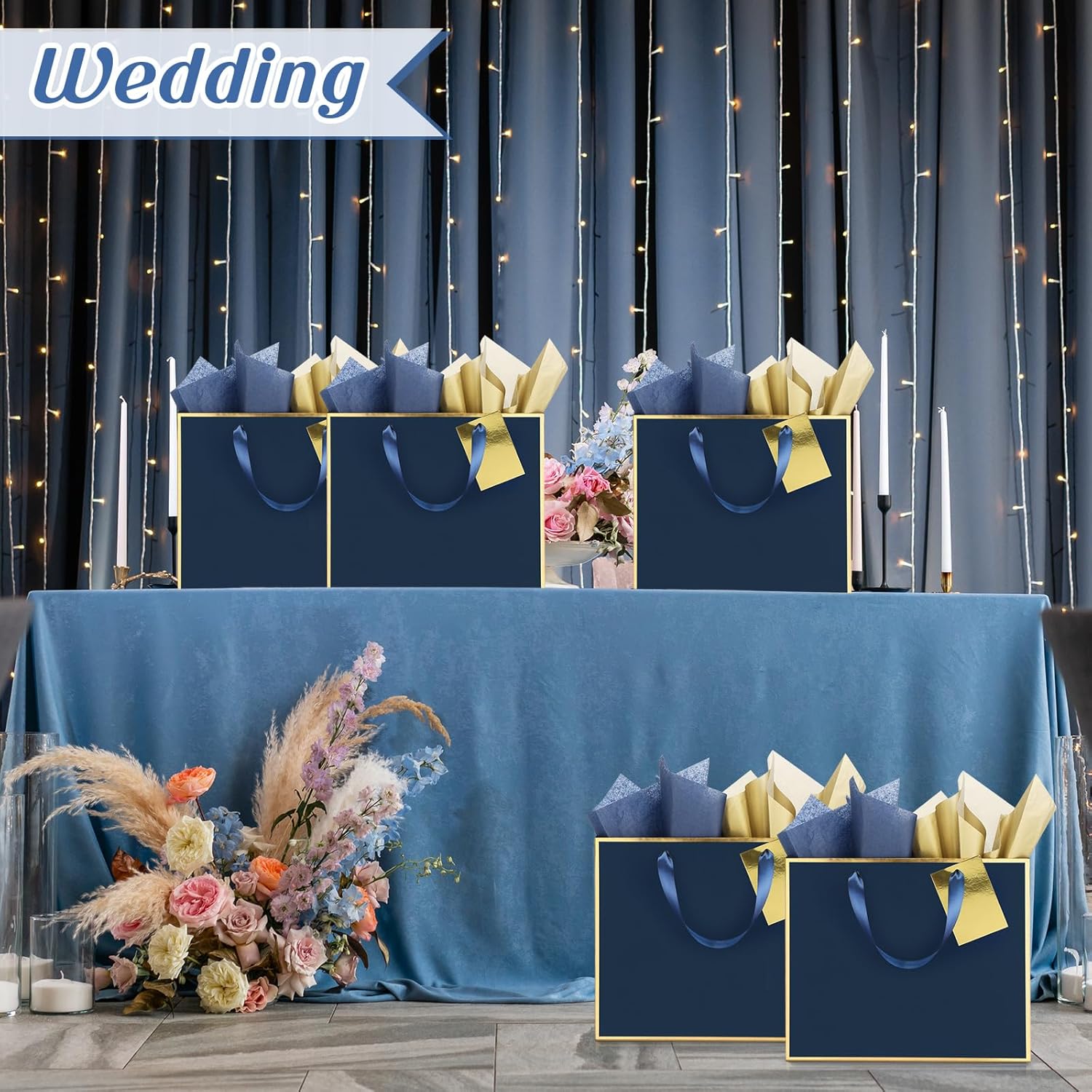 ReliThick 6 Pack Metallic Paper Gift Bag with Handles Tissue Paper Gold Tag Pen Thank You Favor Bag for Wedding Party Bridesmaid Bridesman 5 Senses Anniversary Birthday Favor(Blue Gold) - Image 7