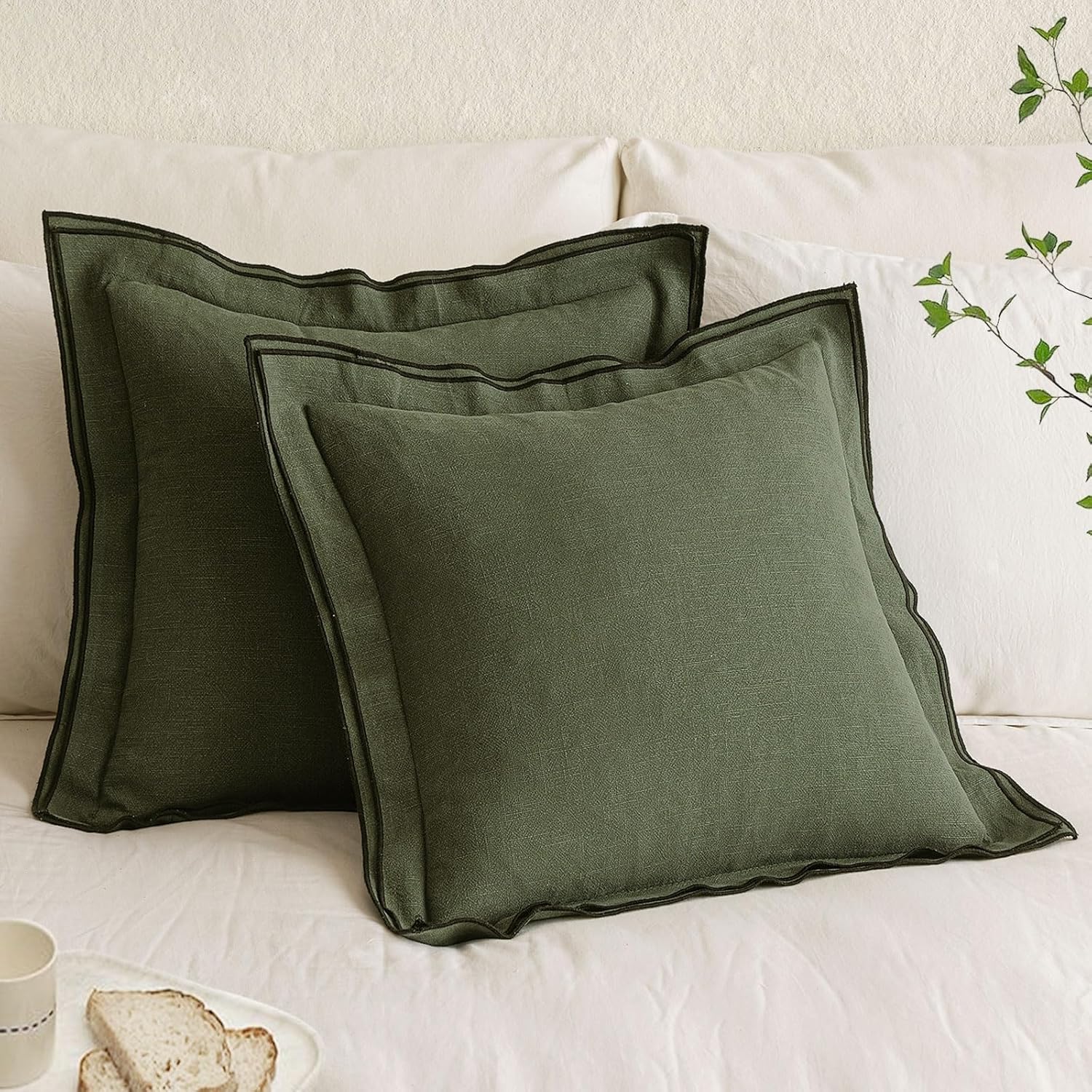 MIULEE Linen Pillow Covers 20x20 Inch Dark Olive Green