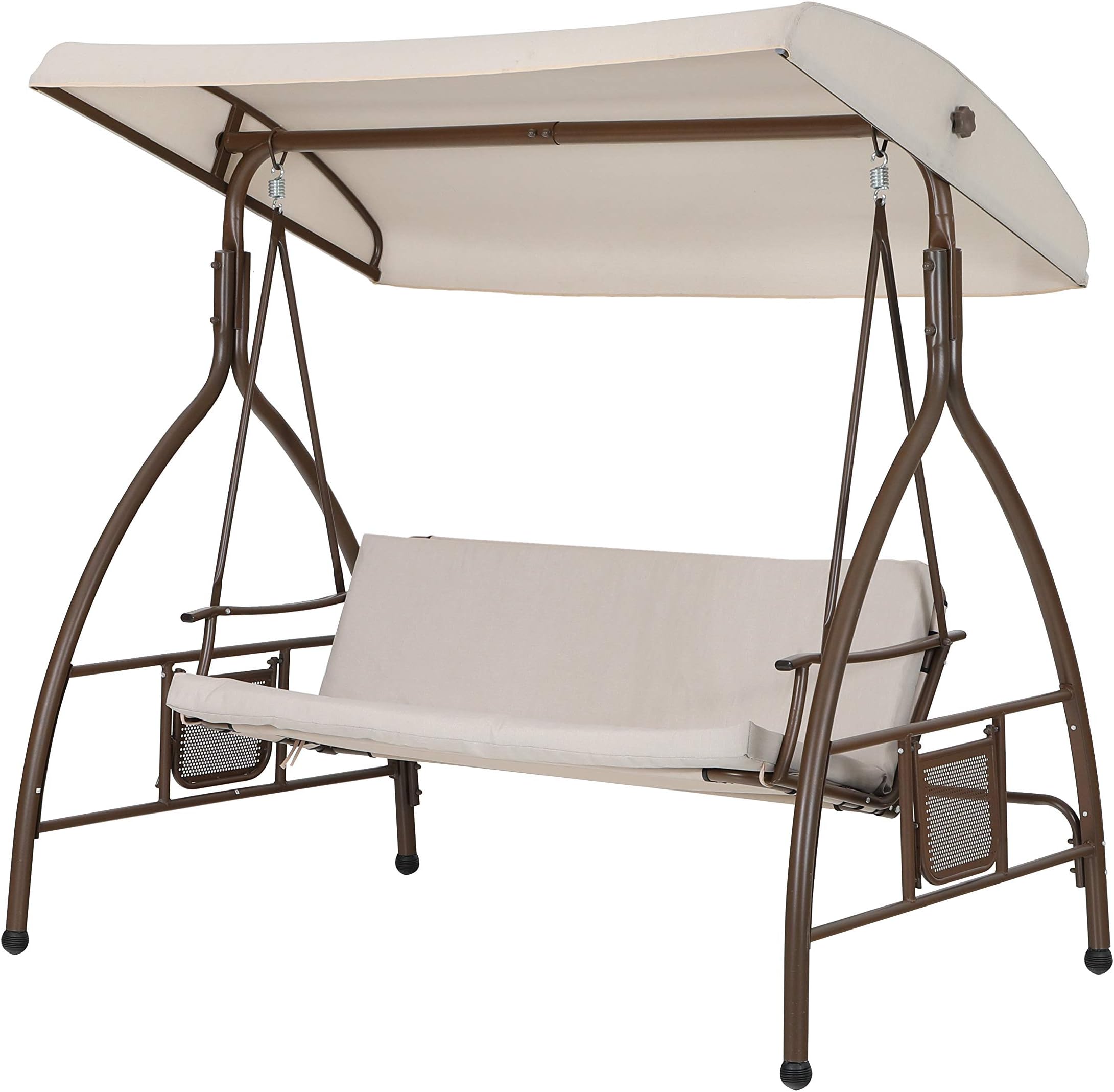 MFSTUDIO 3 Person Converting Outdoor Swing Patio Porch Garden Swing with Cushion Seats, Adjustable Canopy & Wide Coated Steel Frame Hammock Patio Deck Furniture (Beige)