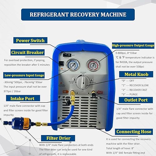 Miniatura 3 de Máquina de recuperación de refrigerante de doble cilindro 1HP, unidad de reciclaje de freón portátil sin aceite de 110V-120V 60Hz para refrigerante
