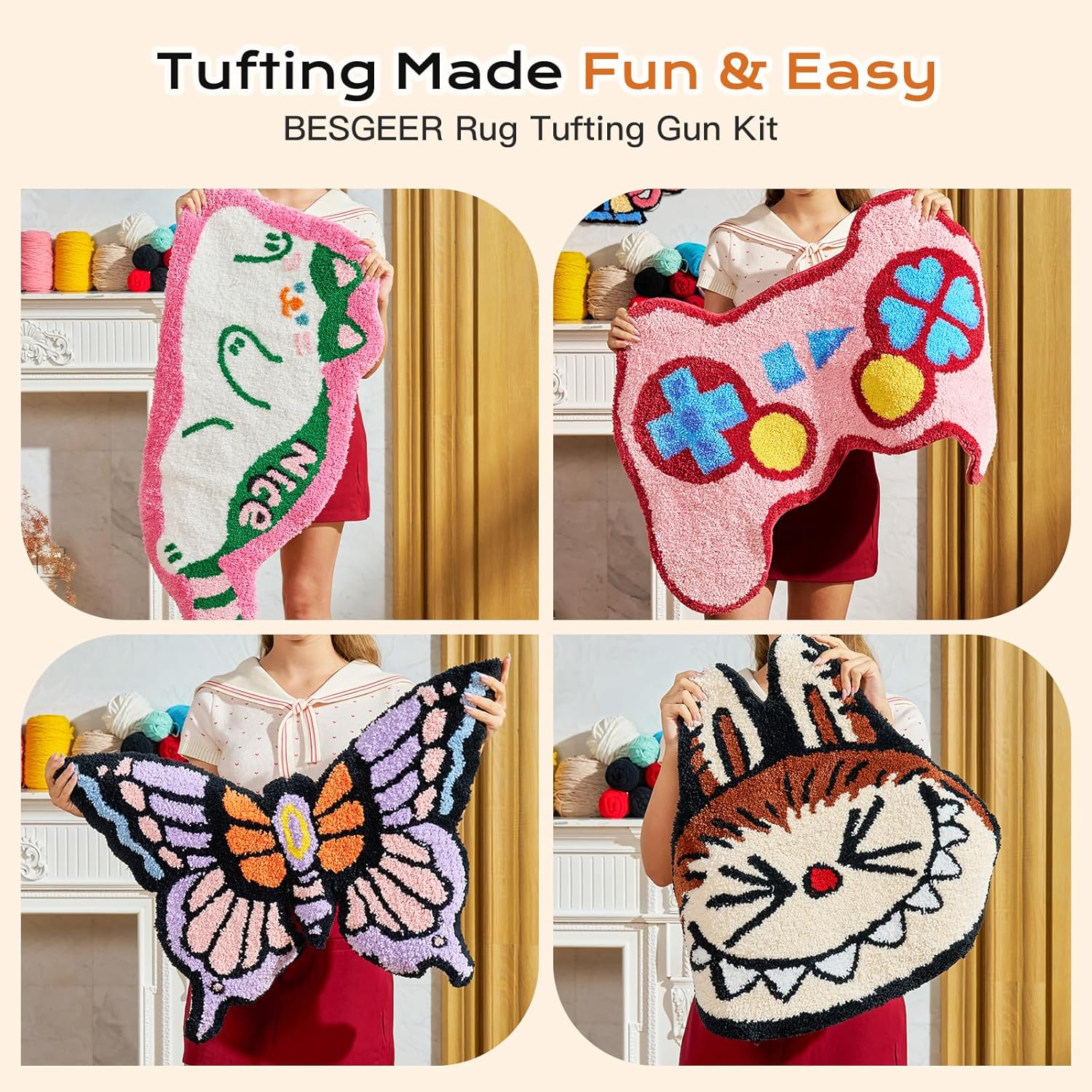 BESGEER Rug Tufting Gun with Carpet Trimmer Kit - Tuft Gun with Tufting-Shears, 2 in 1 Cut Loop Pile Carpet Gun& Carving Clippers, Rug Maker Machine Starter Kit& Trimmer& Cloth& Yarn（Olive Black）