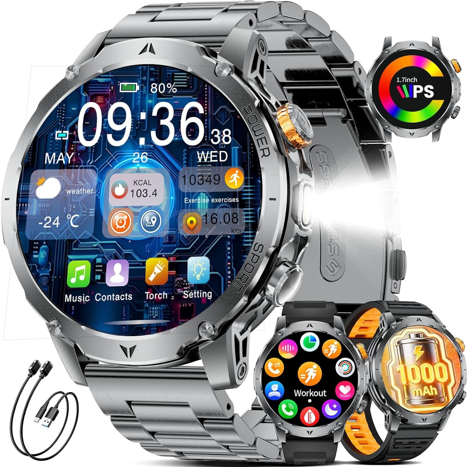 LIGE Military Smart Watches for Men(3 Bands),1000mAh Battery/1.7" HD Large Screen Smartwatch, Flashlight/120+ Sports Modes/Sleep Monitor, 5ATM Waterproof Fitness Tracker Watch for Android iOS,Black