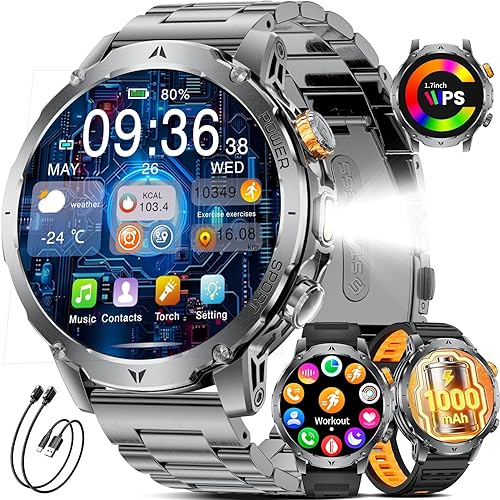 LIGE Military Smart Watches for Men(3 Bands),1000mAh Battery/1.7" HD Large Screen Smartwatch, Flashlight/120+ Sports Modes/Sleep Monitor, 5ATM Waterproof Fitness Tracker Watch for Android iOS,Black