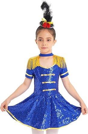 Kids Girls Halloween Drum Majorette Costume Short Sleeve Circus Uniform Shiny Sequins Tassel Dance Dress