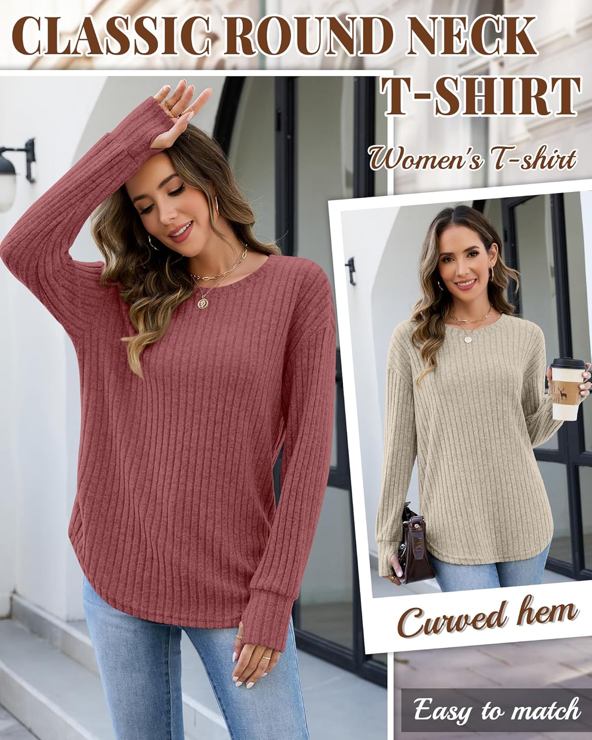 3 Pack Women's Long Sleeve Tops with Thumb Hole Ribbed Crew Neck Loose Fit Shirts Fall Winter Clothes Outfits - Image 3