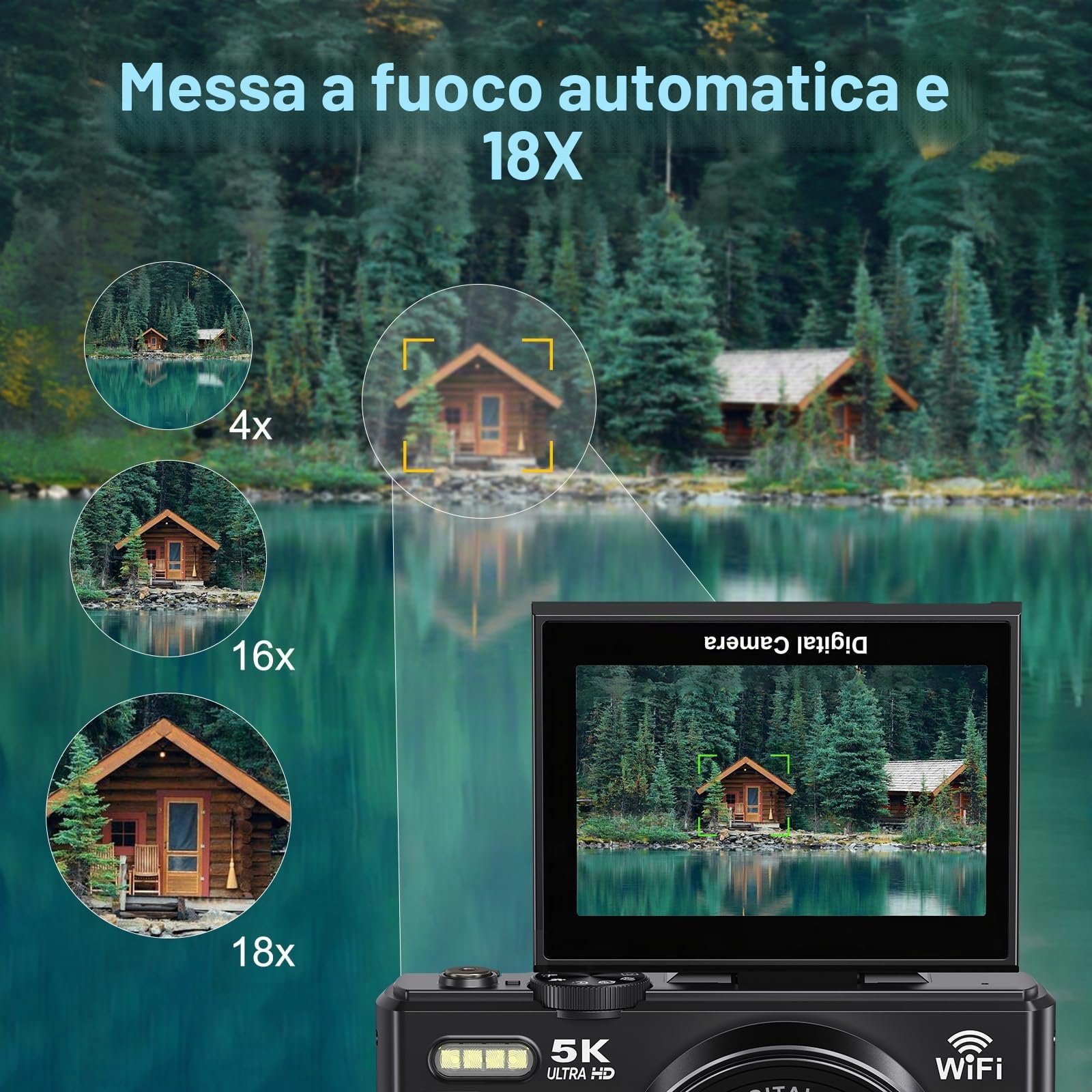 Fotocamera digitale 5K per fotografia, fotocamera da 75 MP WiFi per YouTube, fotocamera digitale UHD 18X Zoom con schermo flip da 3" 180°, flash da viaggio con scheda SD da 32 GB, per principianti e