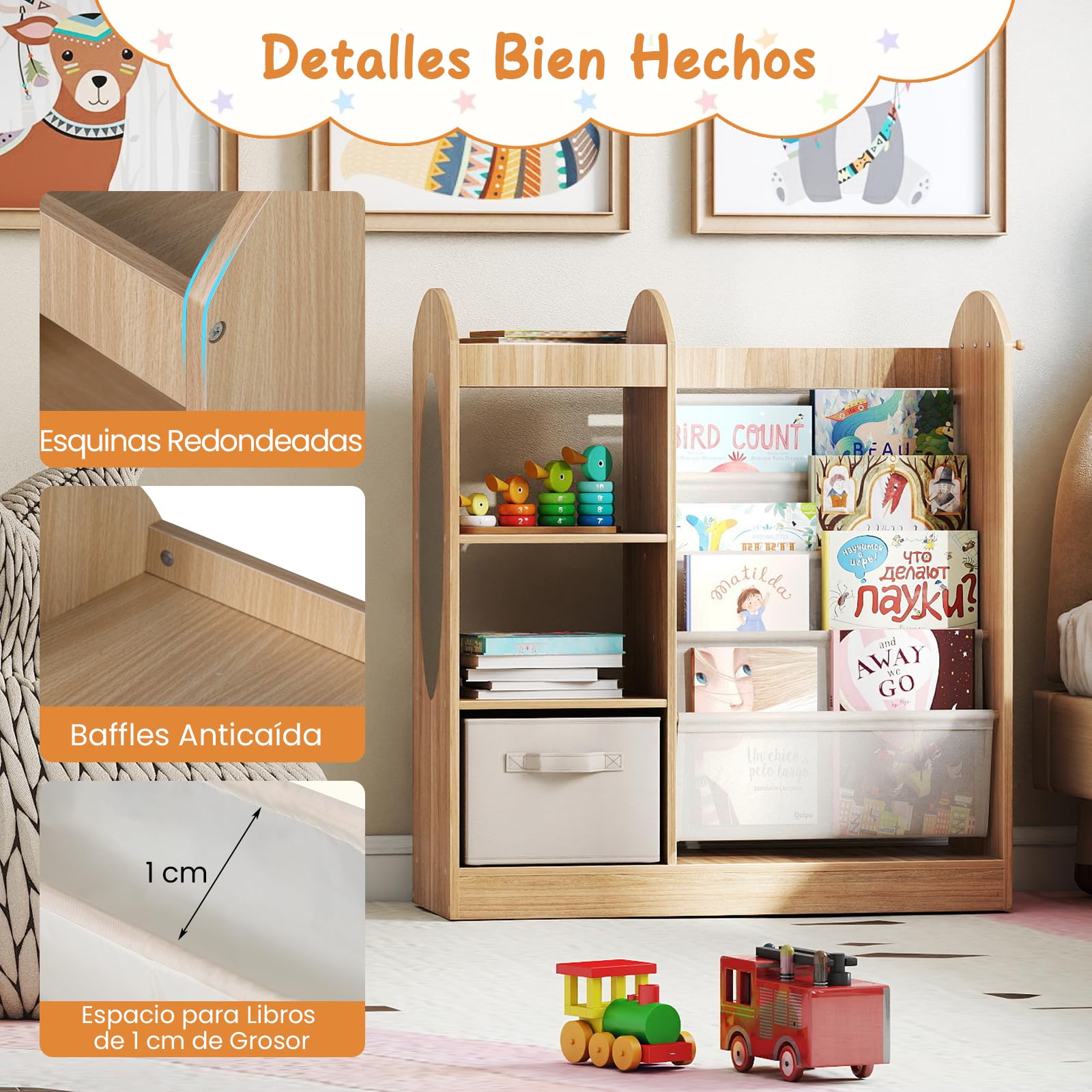 COSTWAY Librería Infantil, Estantería Infantil para Libros con Espejo de Cuerpo Entero, Cajón y Estantes de Tela de 4 Niveles, Librería Montessori para Sala de Juegos para Niños de 3+ Años (Natural)