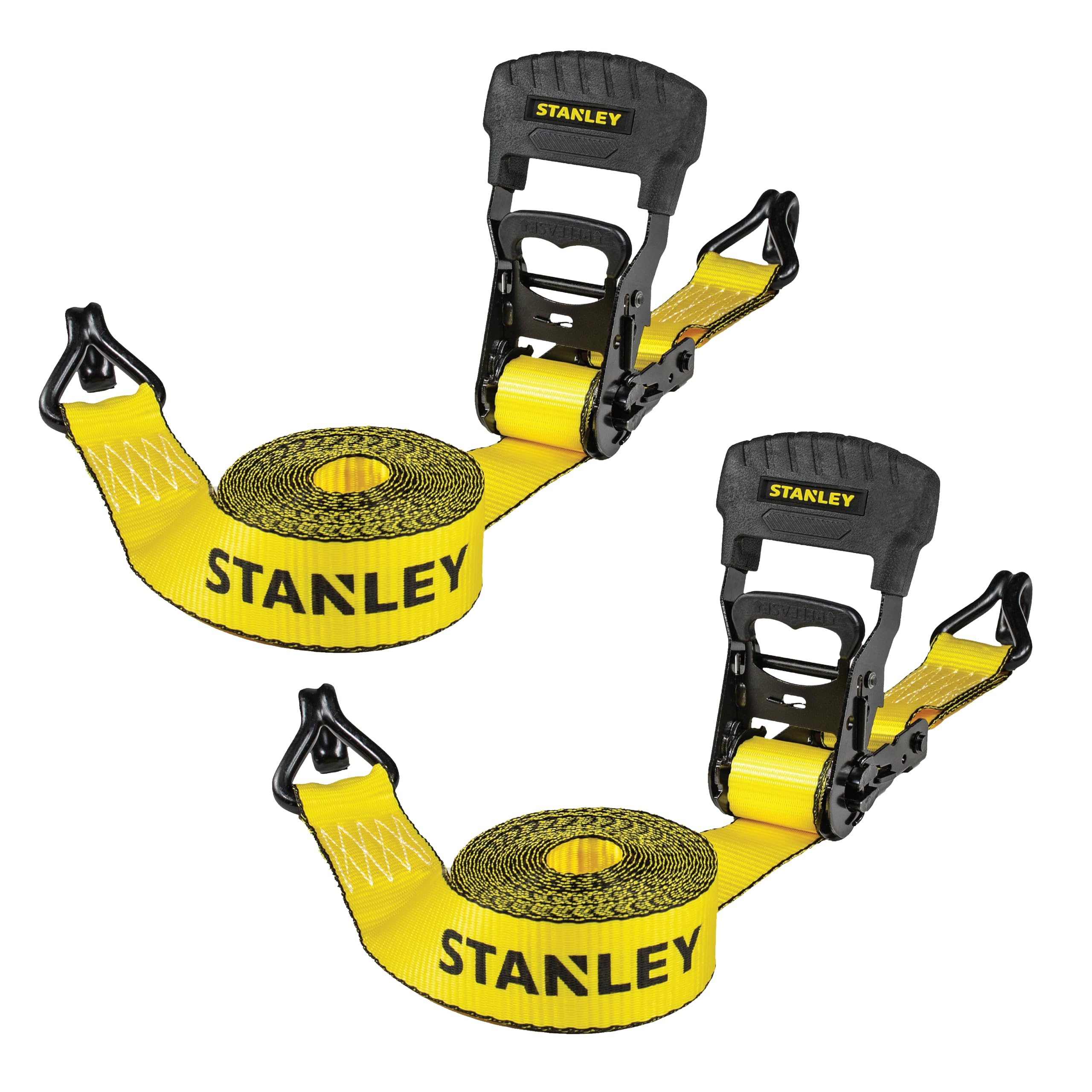 STANLEY S1007 Black/Yellow 1.5" x 16' Ratchet Tie-Down Straps - 1,000 lb Safe Working Load / 3,000 lb Breaking Strength, 2 Pack