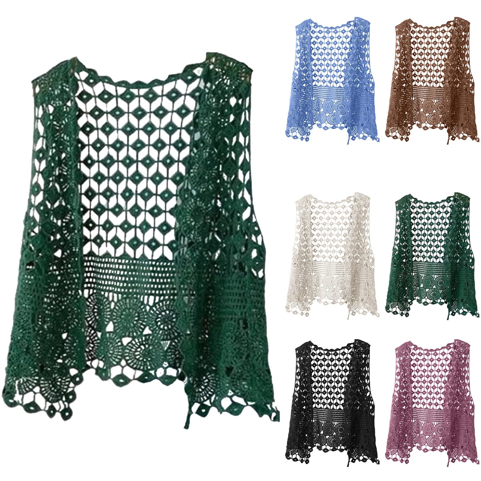 Gilet Sans Manche Crochet Femme 2026 en Dentelle Ajourée, Gilet Léger Ouvert Bohème pour Été Plage Superposition sur Tops et Robes Modèle Décontracté Respirant Idéal Vacances Balade Estivale Sorties