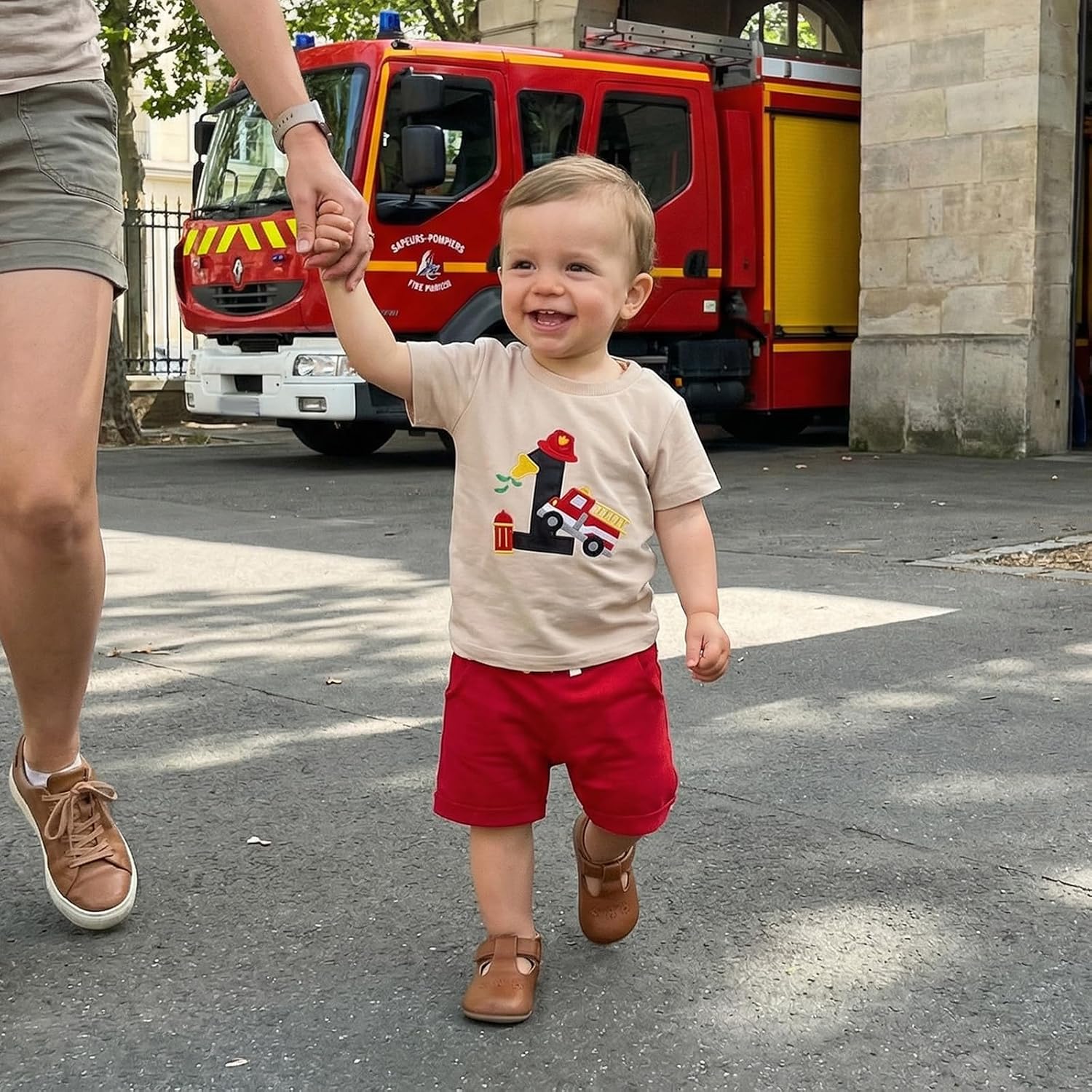 Baby Boy First Birthday Outfit Fire Truck Embroidered Short Sleeve T-shirt Solid Shorts Summer 1St Birthday Clothes