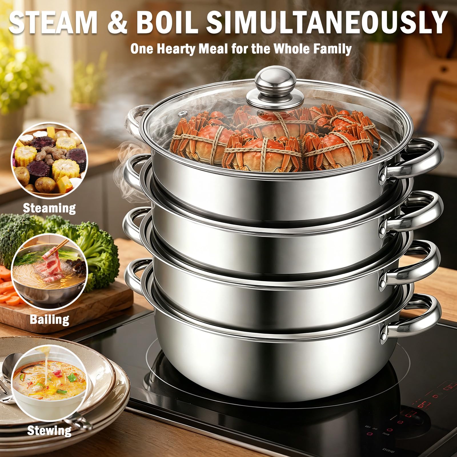 MeYuxg Pentola a vapore,28cm Vaporiera Acciaio Inox, con Inserto a Vapore e Coperchio in Vetro,pentole a 3/4 Vaporiera Pentola per cottura a vapore, zuppa, pasta, pesce (Quattro)