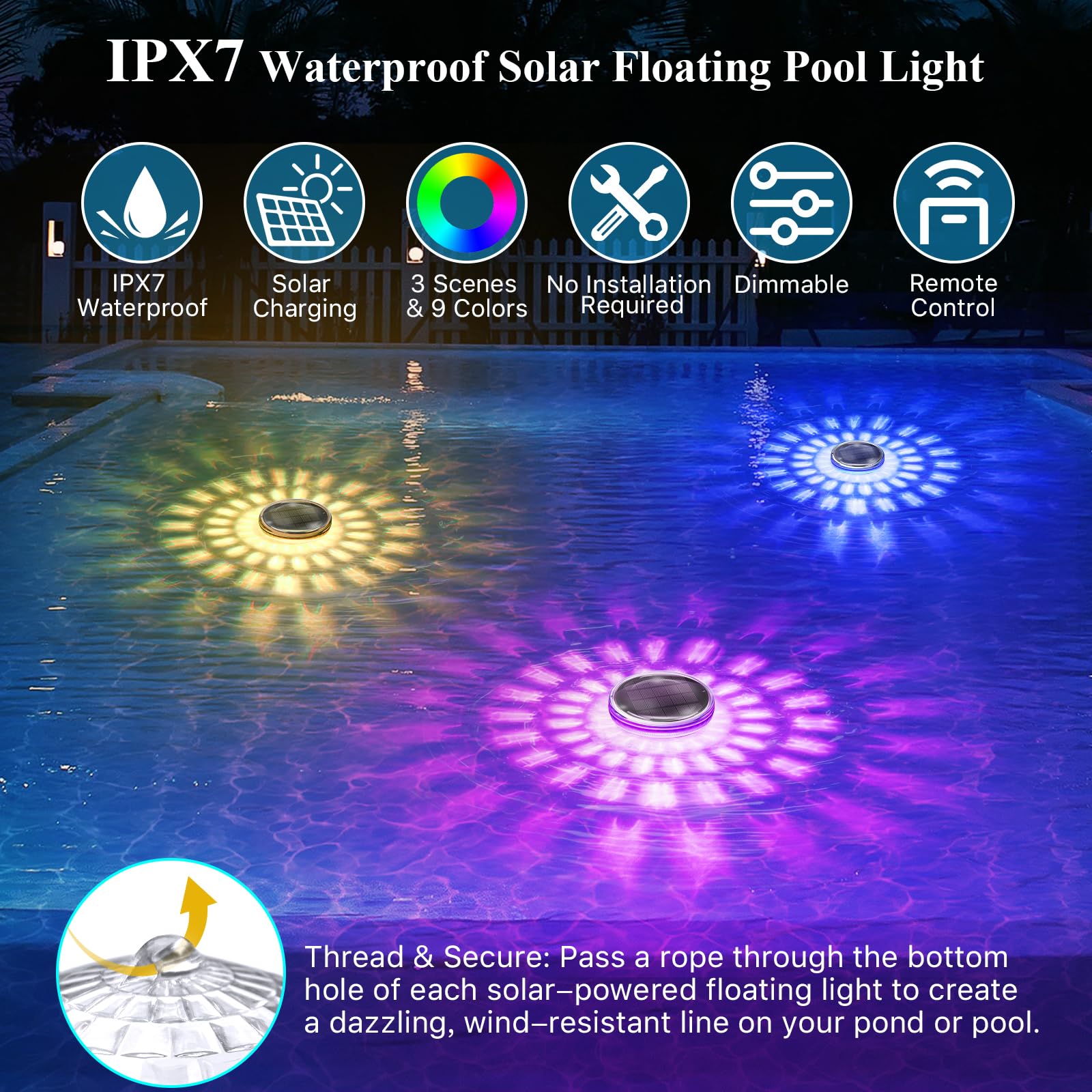 Qoolife Luces Solares Flotantes para Piscina 2 Unidades - Luces Subacuáticas IPX7 Impermeables con Mando a Distancia, 12 Modos de Color, Temporizador, Ideal para Piscinas, Estanques, Halloween y Dec