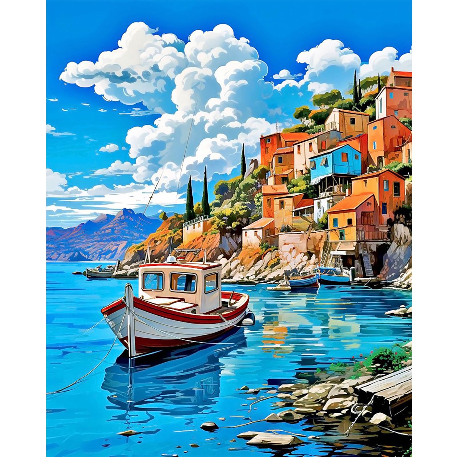 Querencia Seaside Landscape Paint by Numbers for Adults, Coastal Boat DIY Acrylic Painting by Numbers for Adults Without Frame for Relaxation, Home Wall Decor Gift, 16x20 Inch