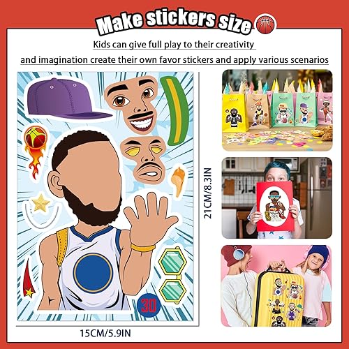 Miniatura 5 de Calcomanías de estrella de baloncesto para niños, 24 hojas de calcomanías para manualidades con diseño de rostro, para fiestas de cumpleaños,