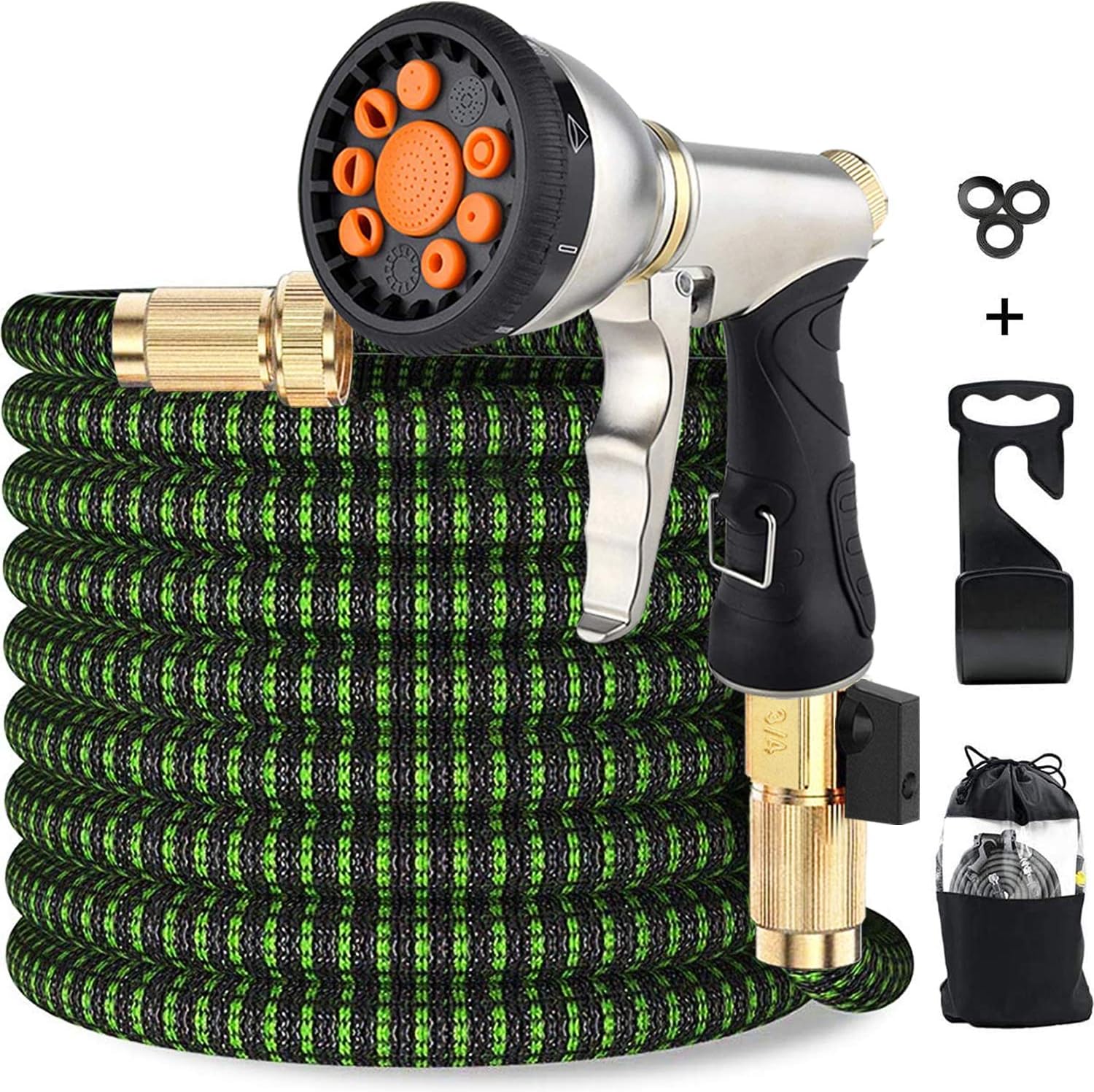 Upgraded Expandable Garden Hose 50 FT Retractable Water Hose with 4-Layers Flex Strong Latex, 3/4" Solid Brass Connectors and 9-Way High Pressure Hose Nozzle for Lawn, Patio, Garden