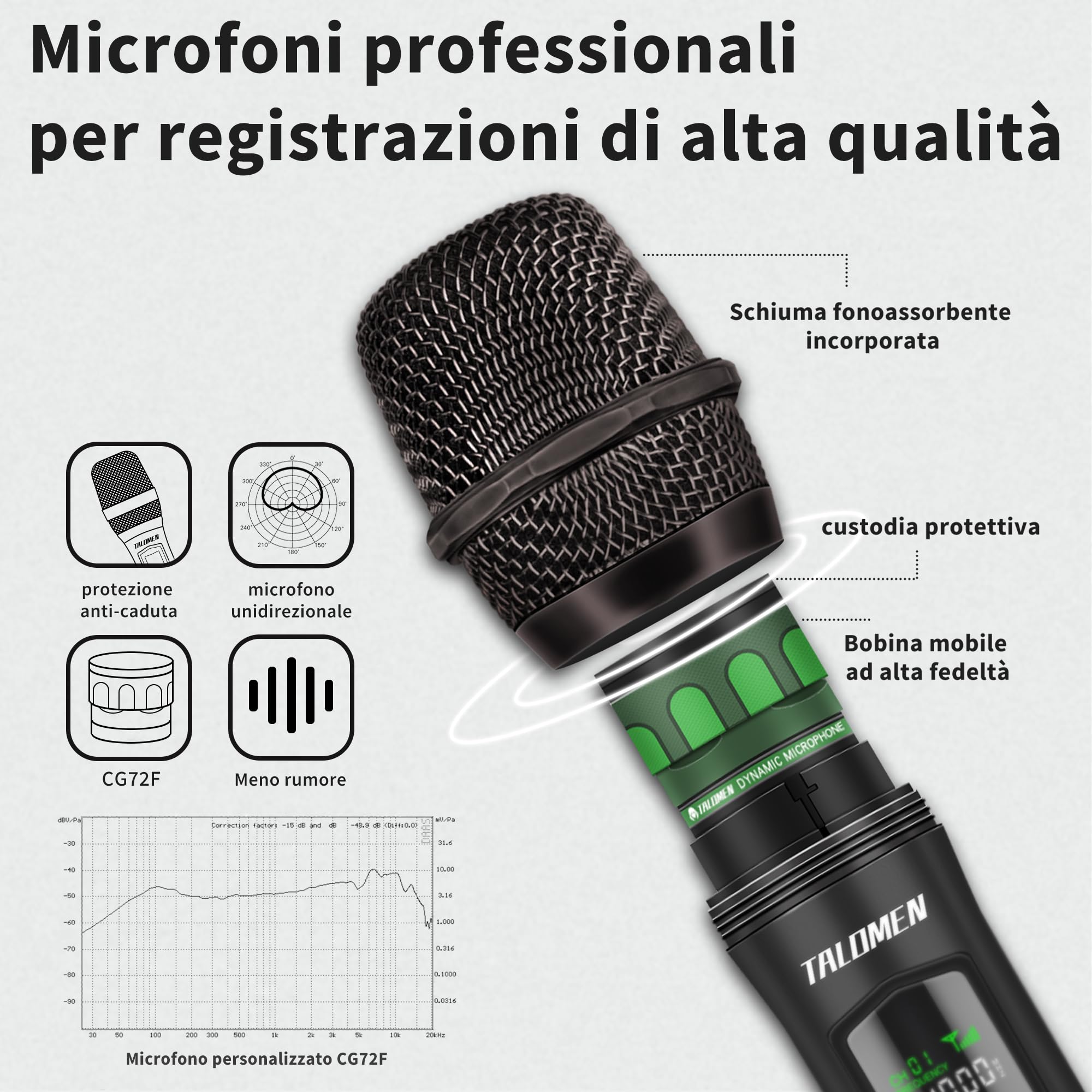 talomen Microfono wireless karaoke 2,4 GHz, microfono dinamico portatile professionale con ricevitore ricaricabile, per canto, karaoke, feste, esibizioni dal vivo, K604 Argento, Nero, Verde, Viola
