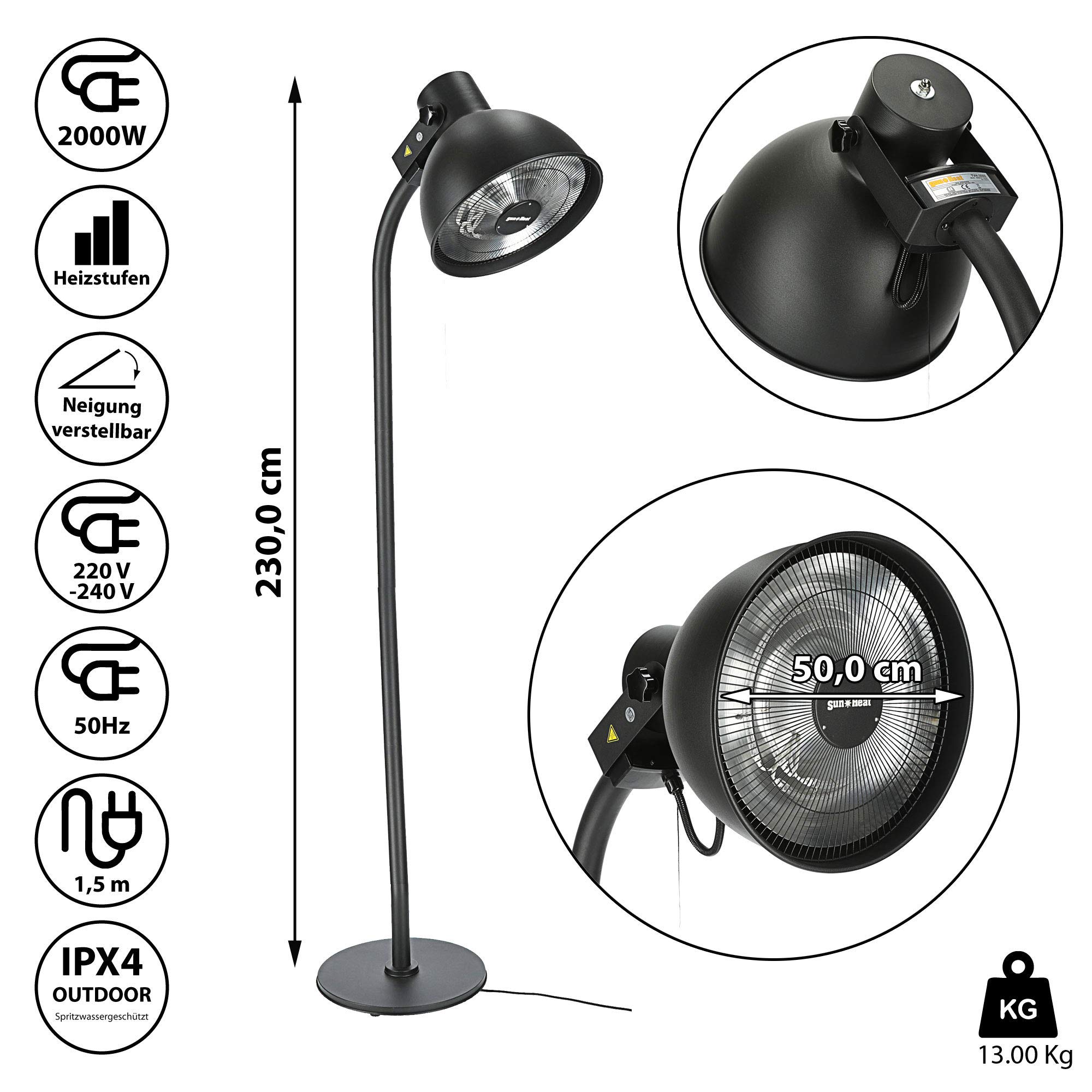 Stufa elettrica per terrazze, da appoggiare o appendere, 1500 - 2000 Watt - Protezione dagli spruzzi d'acqua (design a fungo riscaldante, diametro di 50 cm 3 livelli di riscaldamento)