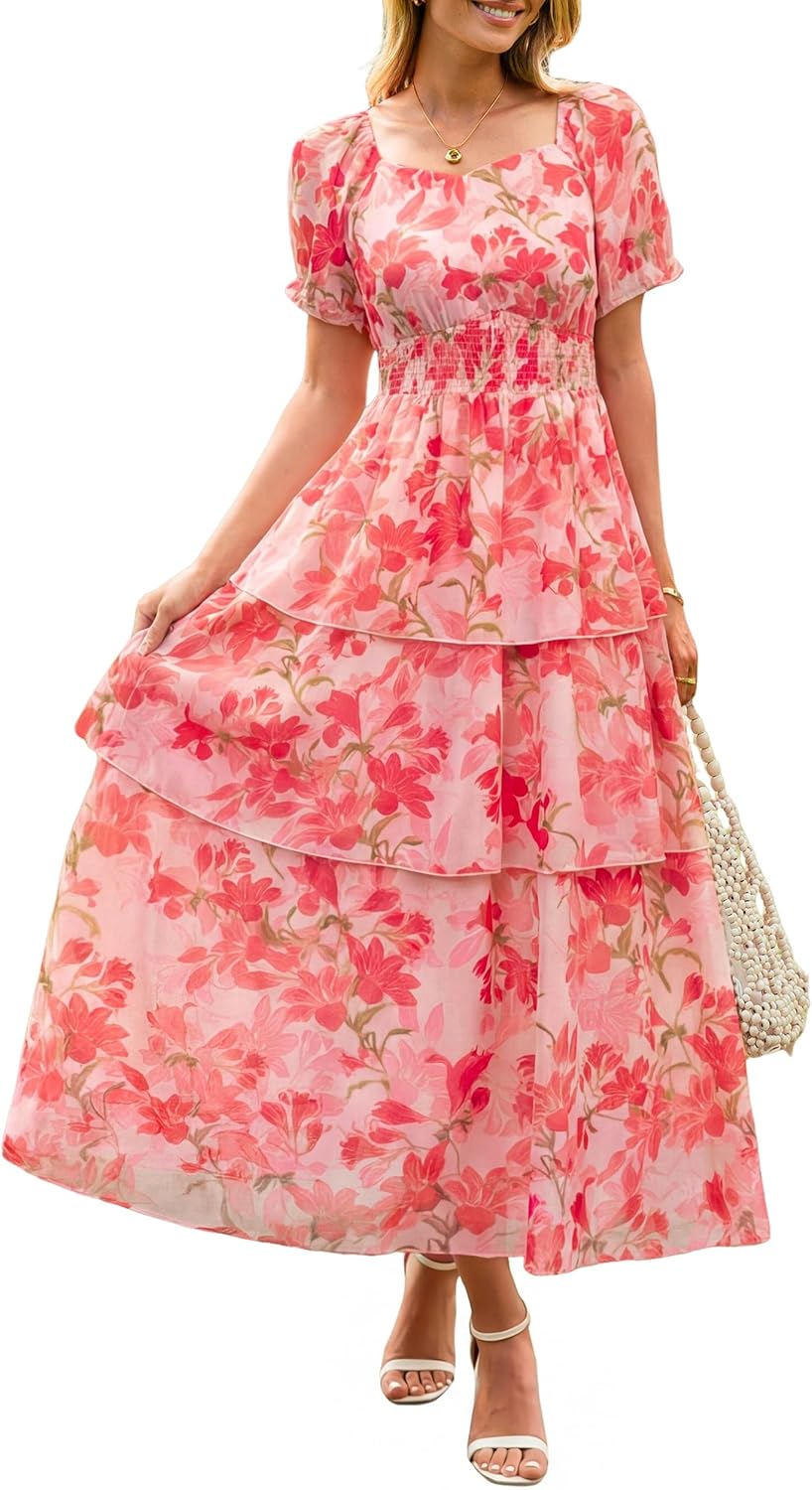 Simplee Womens Puff Short Sleeve Maxi Dress 2026 Summer Floral Ruffle Tiered Flowy Long Party Wedding Guest Dresses