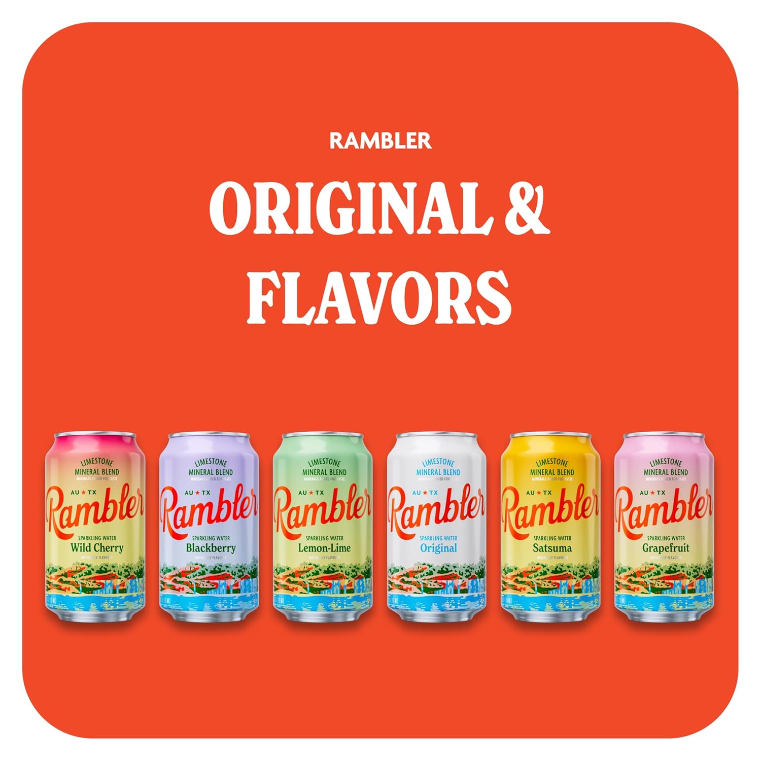 AUTX RAMBLER Sparkling Water, Texas Limestone Mineral Blend, Satsuma Flavor, 12-Ounce Cans, Three 8-Packs (24 Cans)
