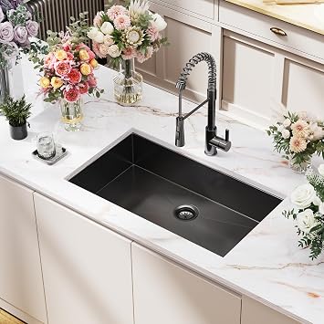NANO PVD Gunmetal Black Undermount Kitchen Sink 16 Gauge Stainless Steel Single Bowl Sink with Accessories PVD Gunmetal w/Faucet, 31x18 Inch