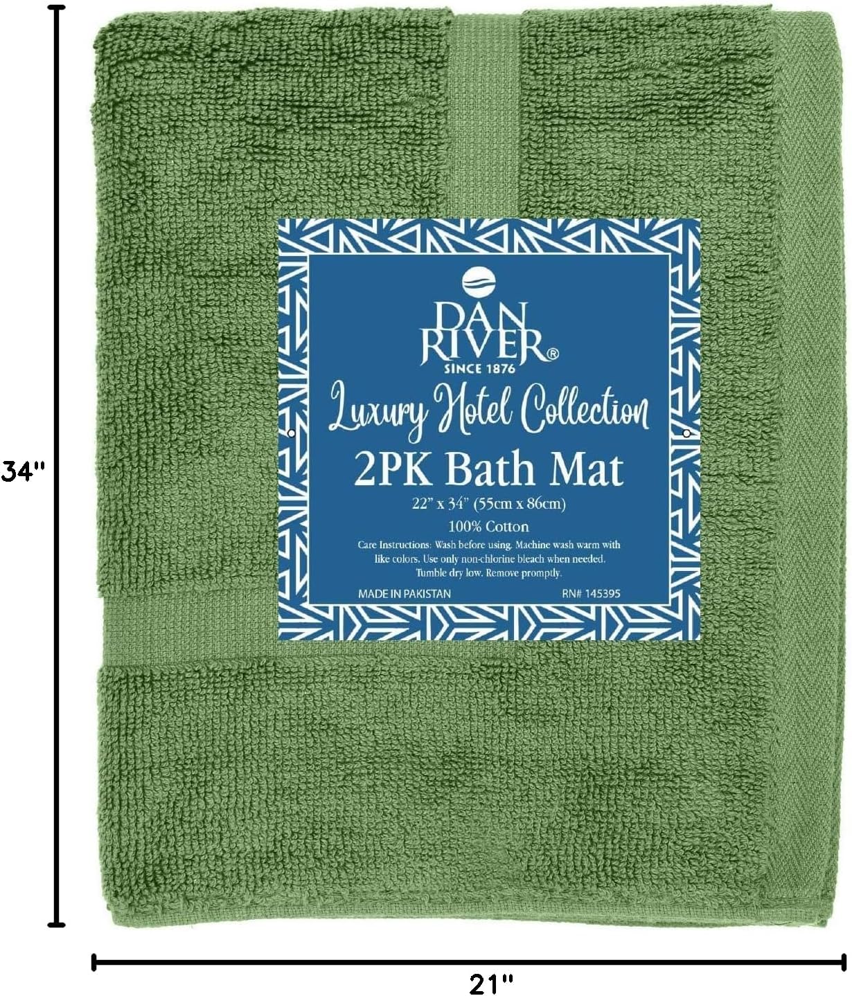 DAN RIVER Classic Cotton Bath Mats Set of 2 – Not a Bathroom Rug, Ultra Soft, Highly Absorbent & Machine Washable Bath Mat Towel for Bathroom Floor Mat – Durable, Quick-Dry, 21x34 Inches, Sage Green