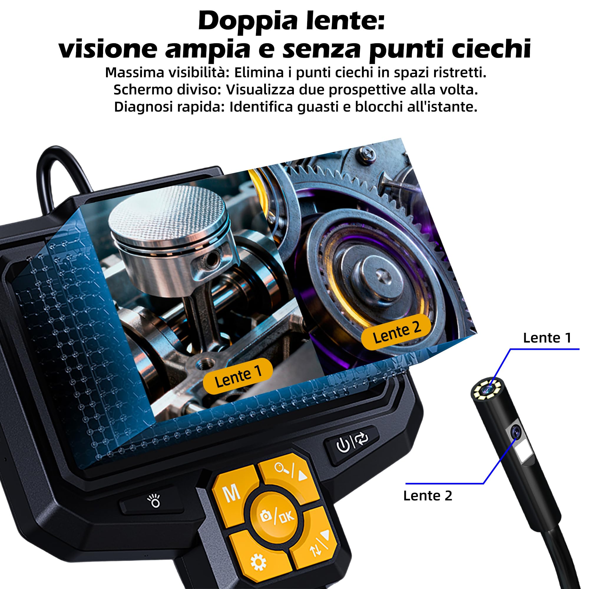 Telecamera endoscopica con luce, IP67, impermeabile endoscopio, 5", schermo IPS, telecamera di ispezione da 2 MP, fotocamera tubolare HD con 9 LED regolabili, cavo semirigido da 5M
