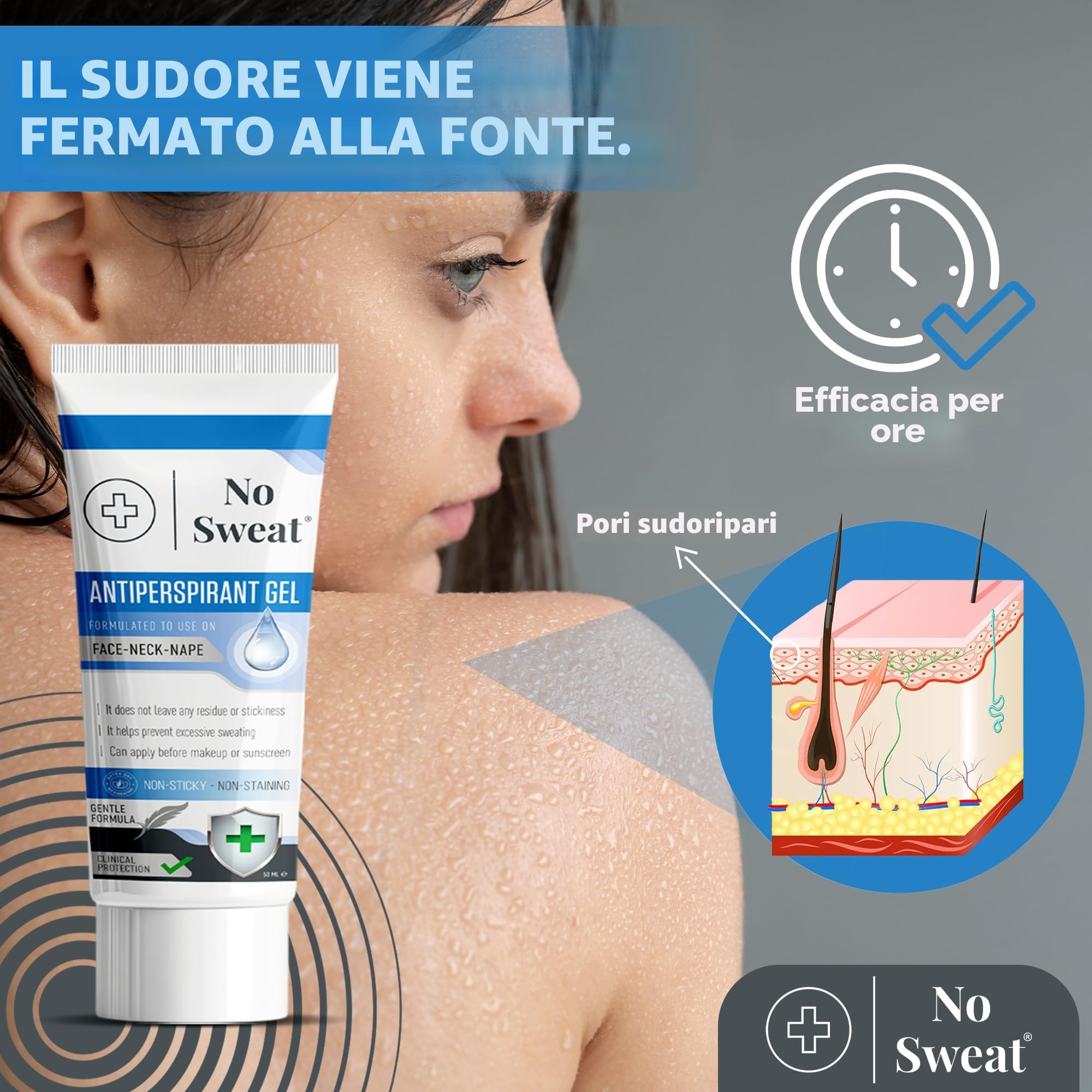 No Sweat Gel Antitraspirante 50 ml per Viso, Collo, Nuca - Previene Eccessiva Sudorazione e Lucentezza - Adatto per Lavoro Attivo e Palestra