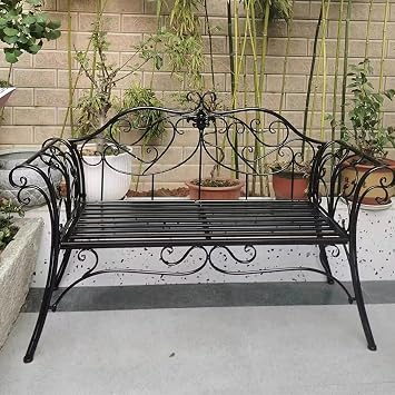FQMYLTYN 52" Garden Bench Outdoor Bench Patio Bench, Outdoor Retro Metal Park Benches, 2 Seats Bench with Backrest and Armrests, for Yard, Porch, Lawn, BackyardBlack