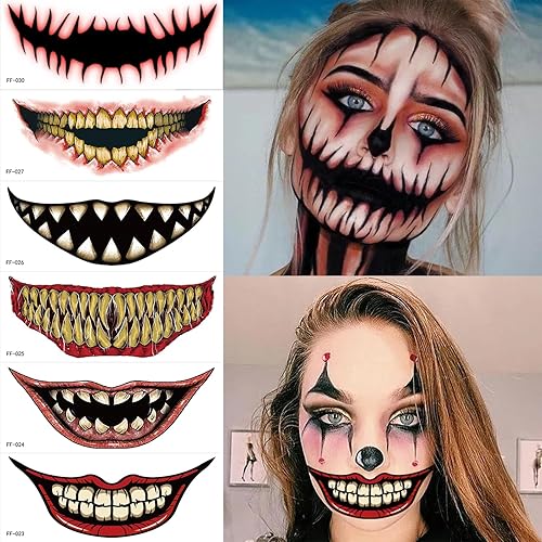 Miniatura 7 de Tatuajes temporales de Halloween  Calcomanías de boca de terror, tatuajes falsos de boca sangrienta de payaso  10 hojas de calcomanías de maquillaje