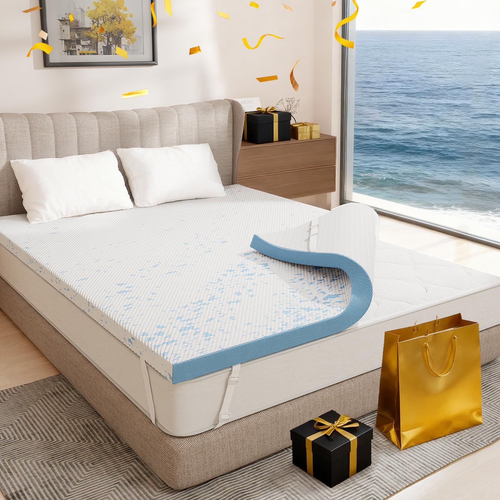 OhGeni 3 Inch Cooling Queen Size Gel Memory Foam Mattress Topper Pad, Soft Washable Bed Cover with Anti-Slip Base &Zipper,Fits 6"-19" Mattresses with Straps,Extra Comfort for Sleep & Back Pain Relief