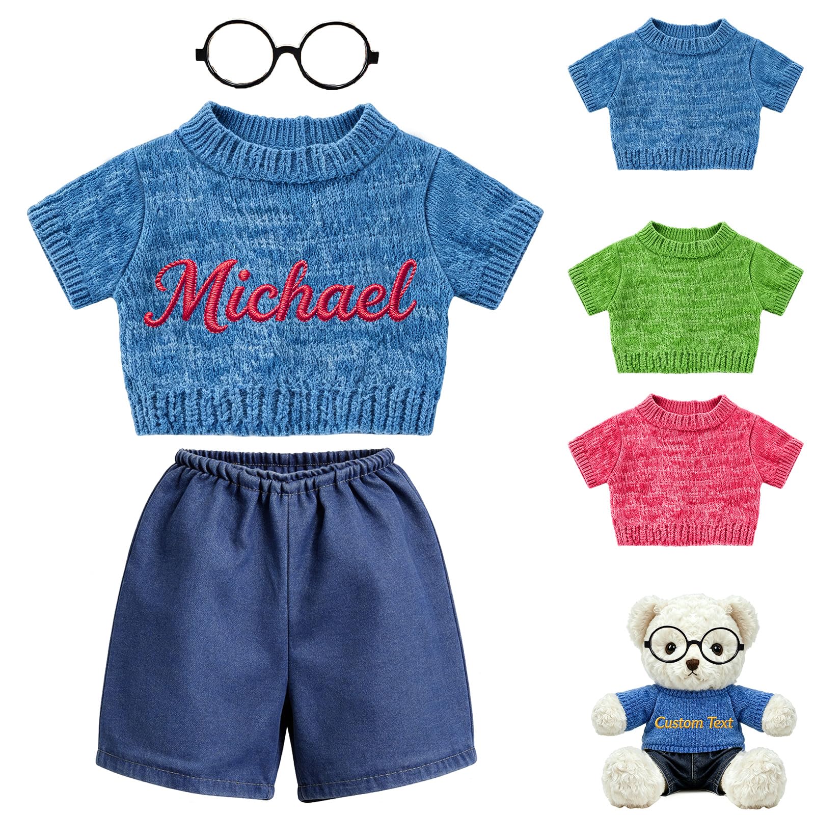 DRAJOIN Custom Embroidery Teddy Bear Clothes Sweater with Pants and Glasses