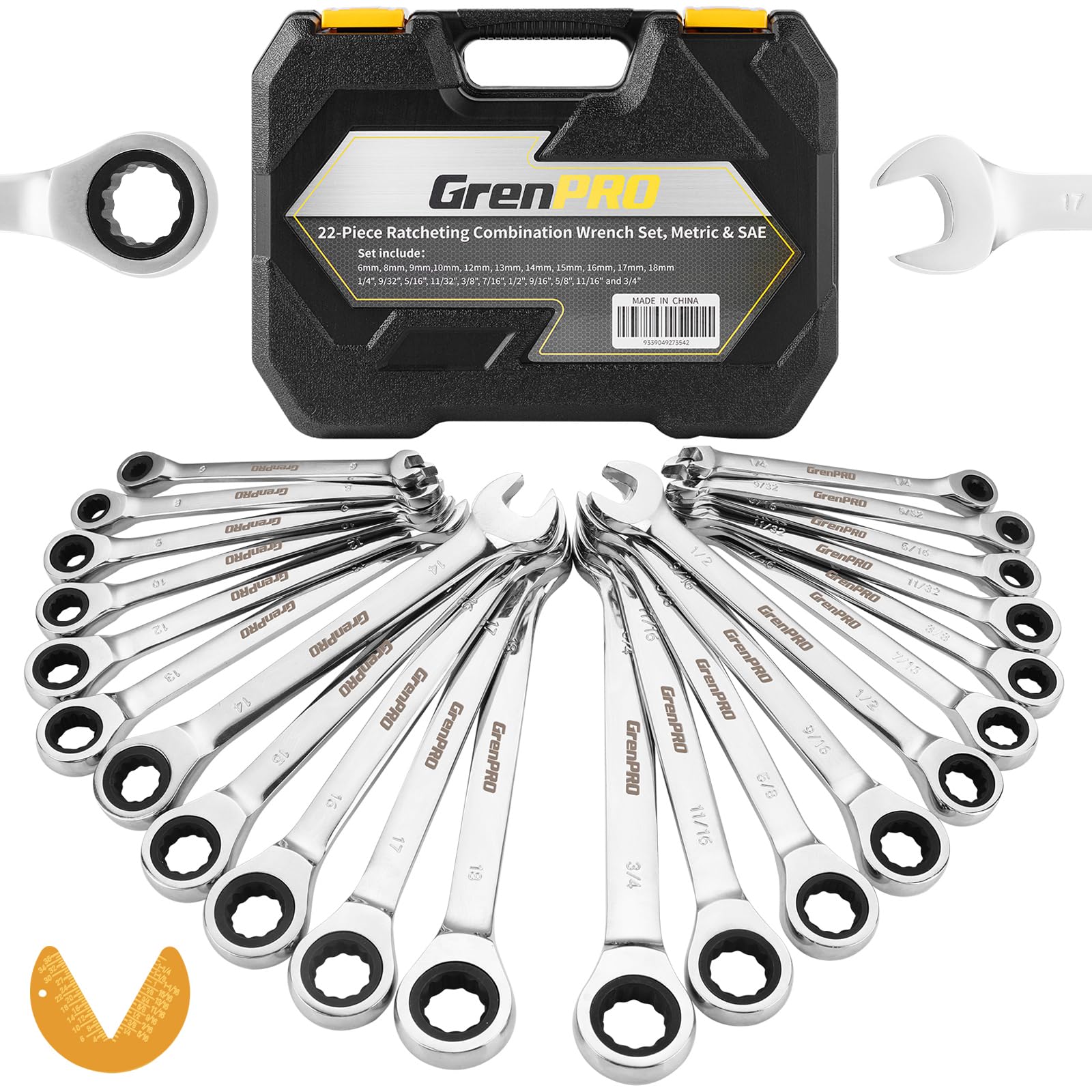 GRENPRO 23-częściowy zestaw kluczy grzechotkowych, zestaw kluczy płaskich, metryczny i standardowy 6-18 mm i SAE 1/10.2 cm-3/10.2 cm, zestawy kluczy płaskich, organizer skrzynka narzędziowa, 72-zębowy