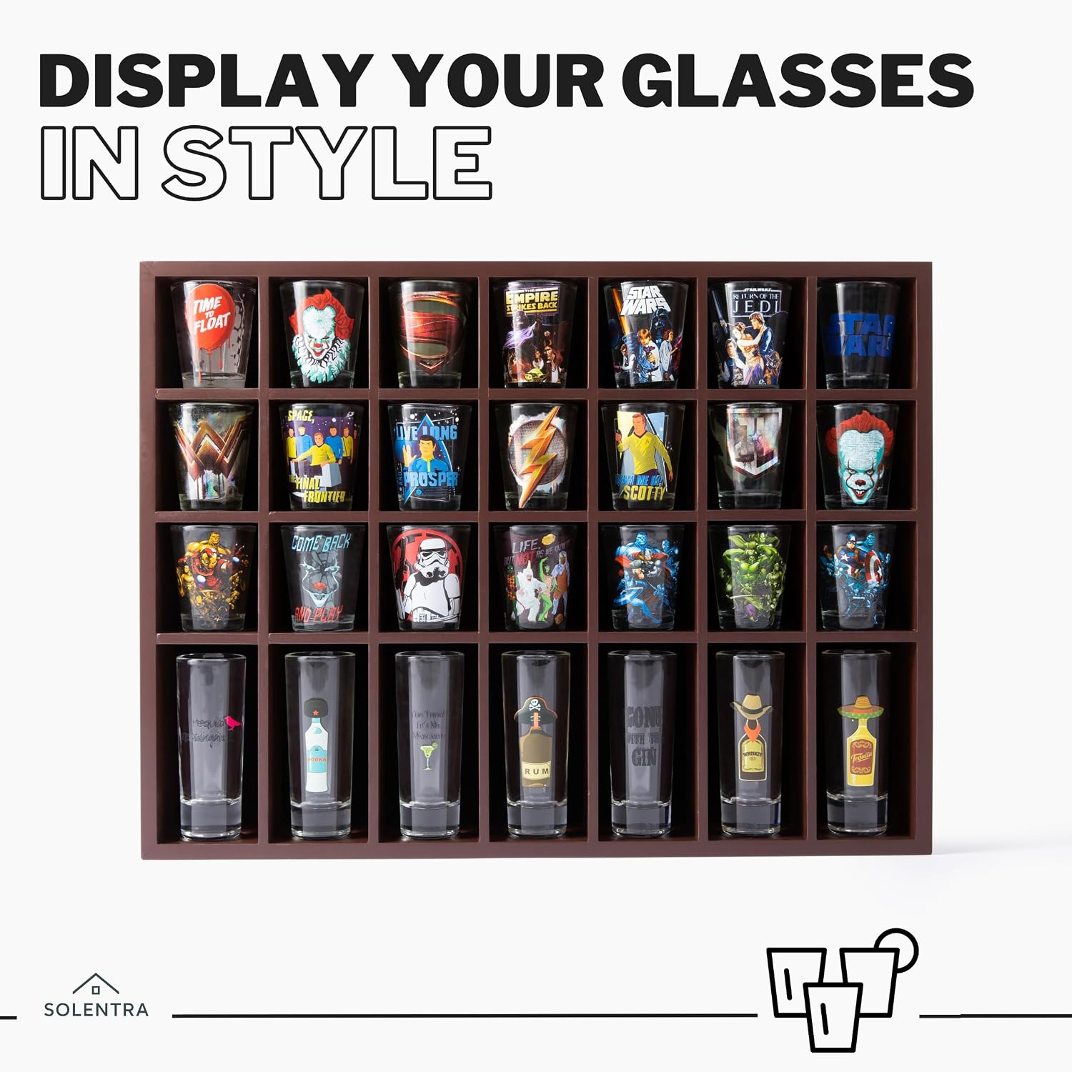 Shot Glass Display Case – Wooden Open-Front Wall or Freestanding Rack with Tiered Shelves for Collectible Shot Glasses